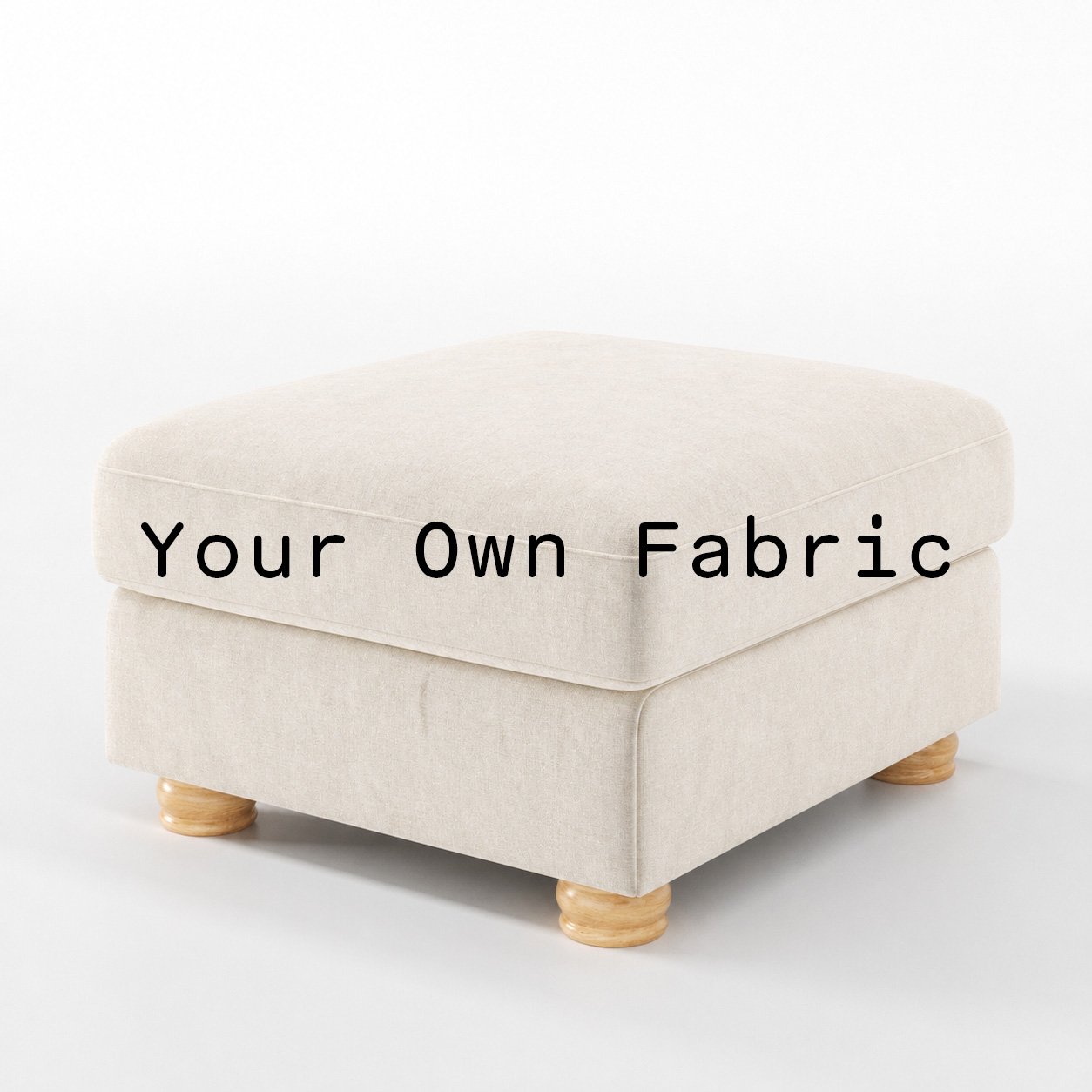 Diagonal view of the Anna Lee footstool upholstered in customers own material calico cotton fabric.