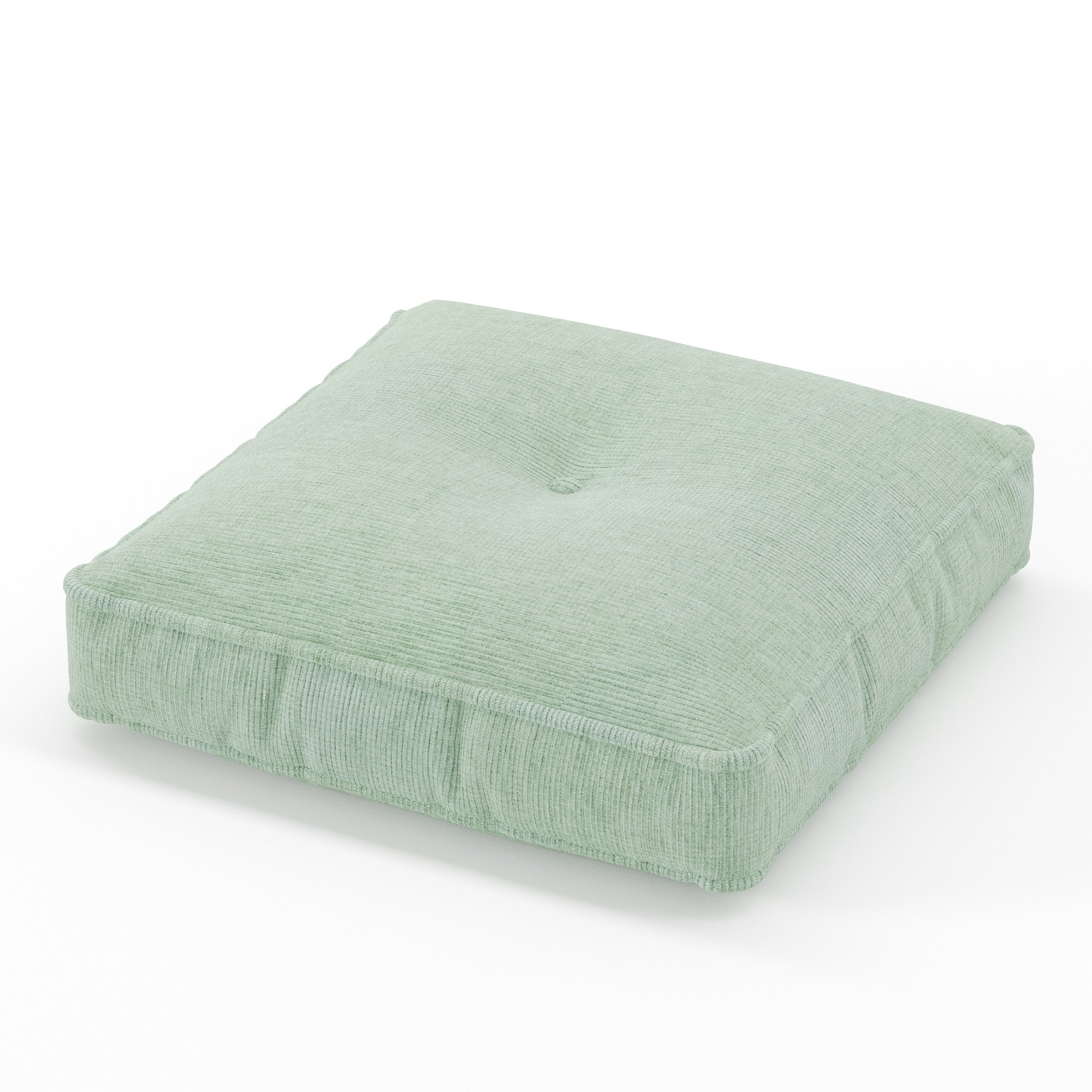 Base cushion in Caldey Velvet Corduroy Eucalyptus, square tufted cushion with border and piping in soft green corduroy velvet with central tuft detail, size 50cm x 50cm x 8.75cm