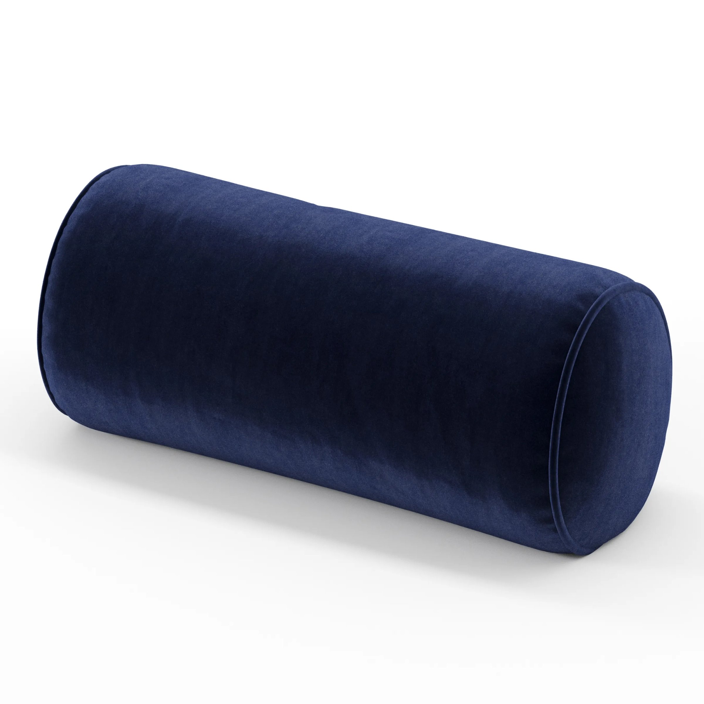 Ledger cushion in Noss Velvet Navy, cylindrical bolster cushion in rich navy velvet, size 26cm x 56cm