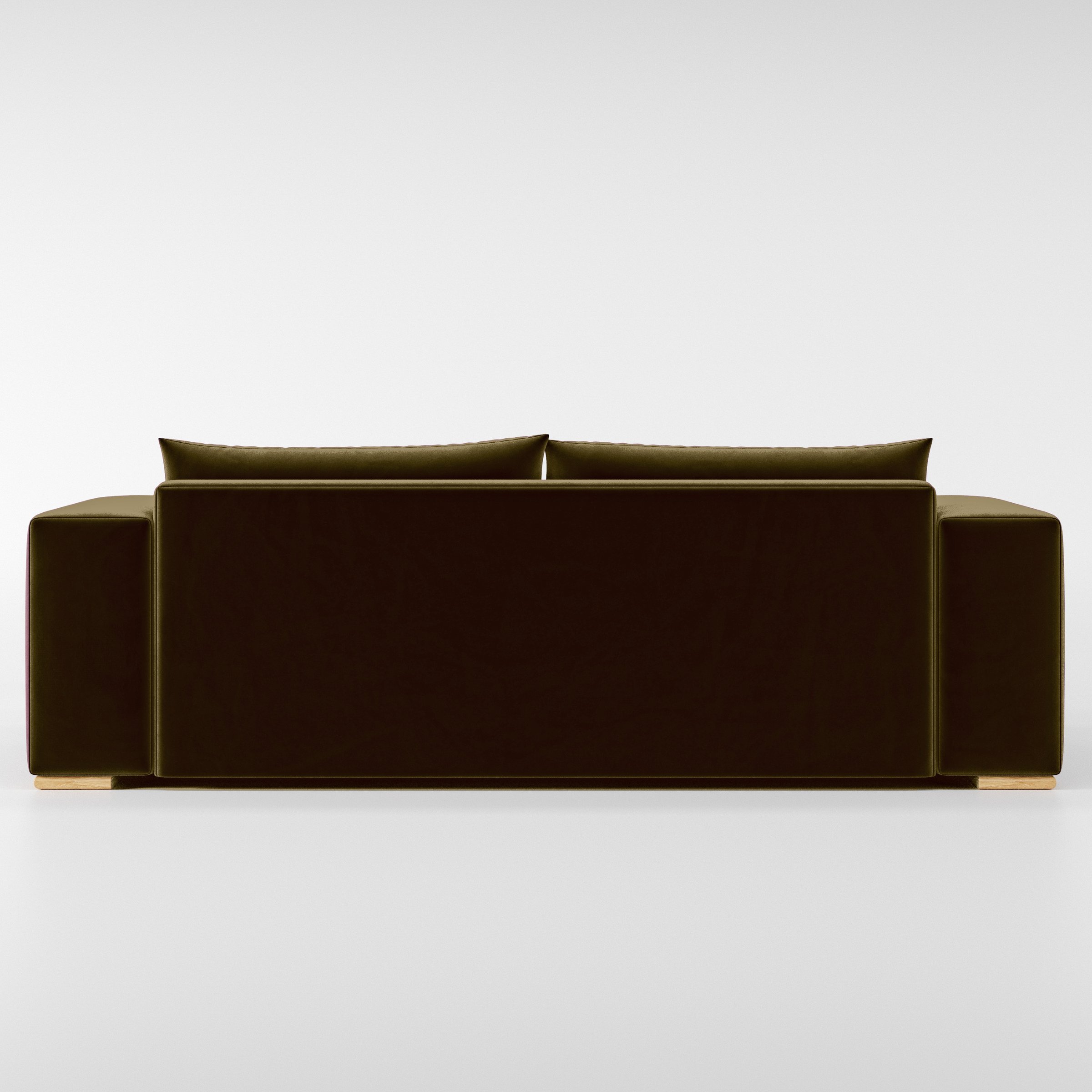 Rear view of the Fane sofa upholstered in Plush EasyClean Velvet in Cedar.