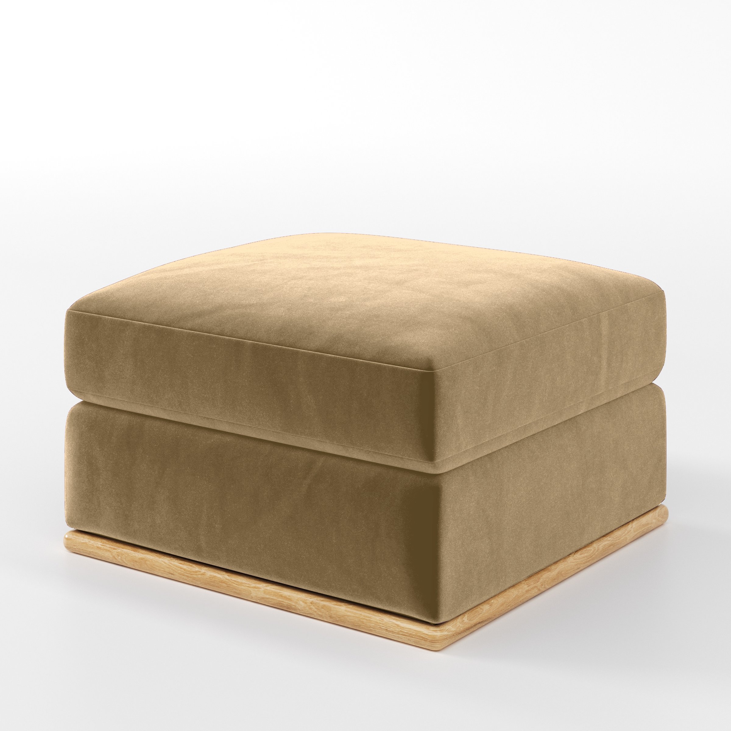 Diagonal view of the Cusher footstool upholstered in Plush EasyClean Velvet in Cafe.