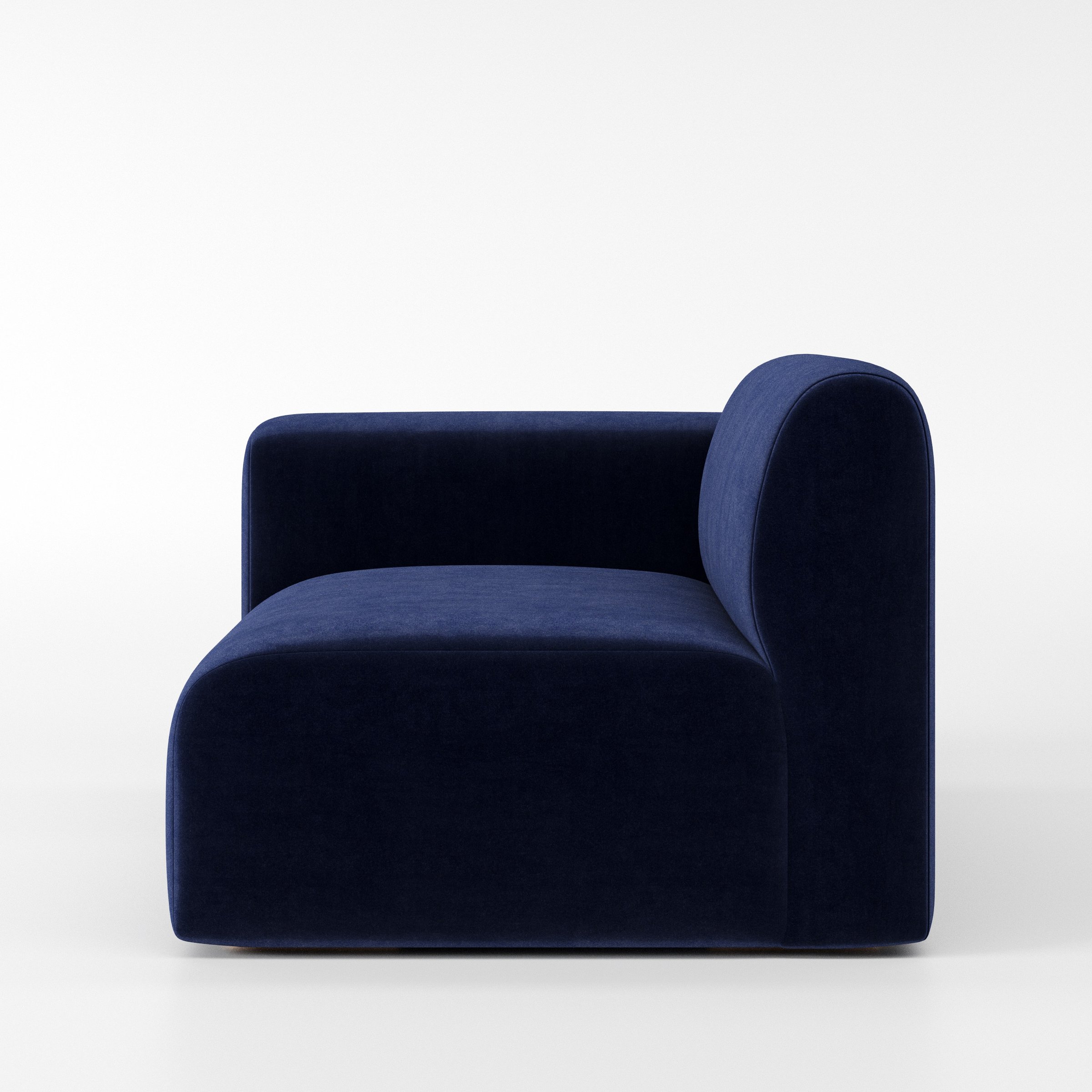 Drumquin modular sofa left side unit in Noss Velvet Navy shown from the side showing the rounded left armrest and deep seat profile.
