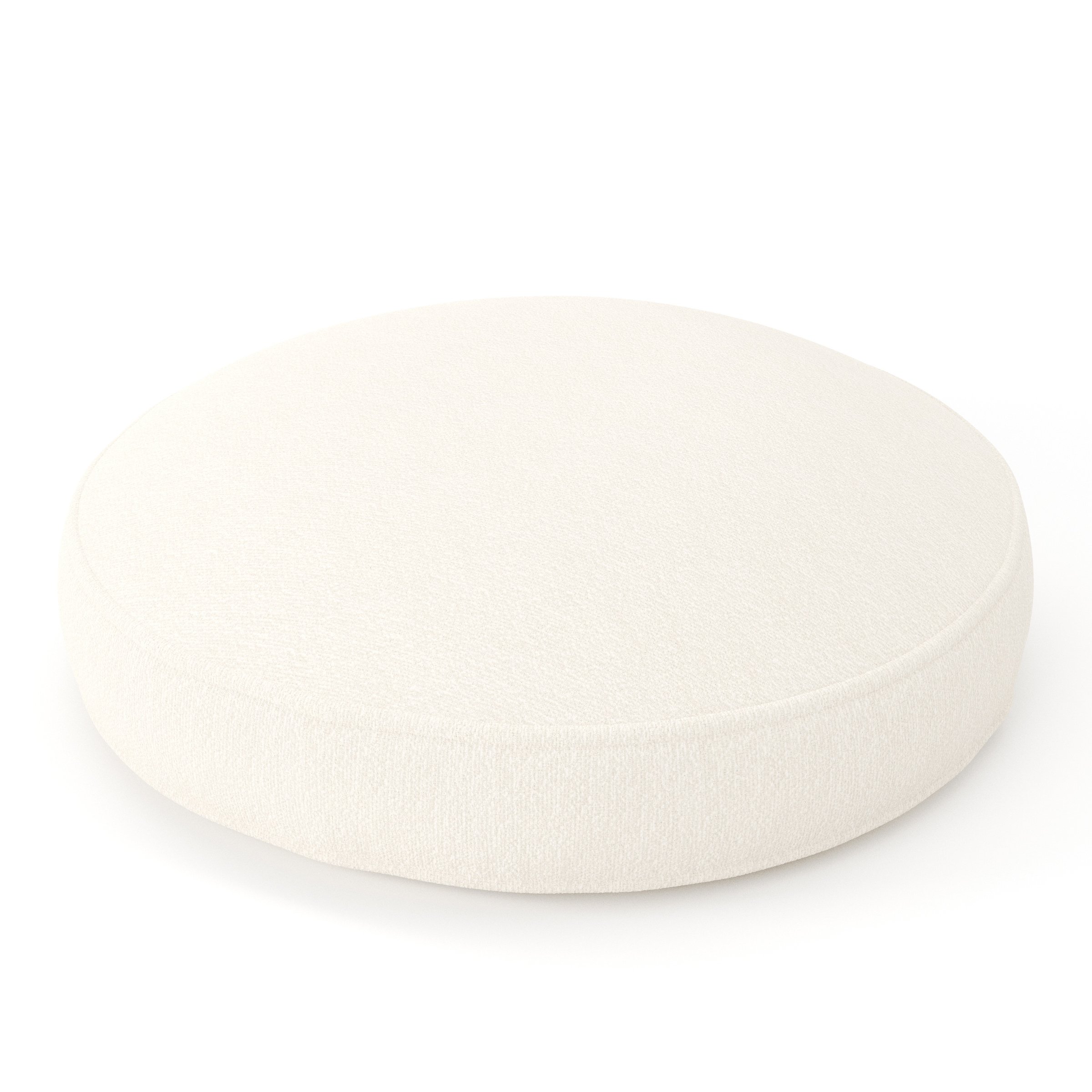Orbit cushion in Kilda Boucle Cream, round simple cushion with border and piping in soft cream boucle, size 60cm x 8.75cm