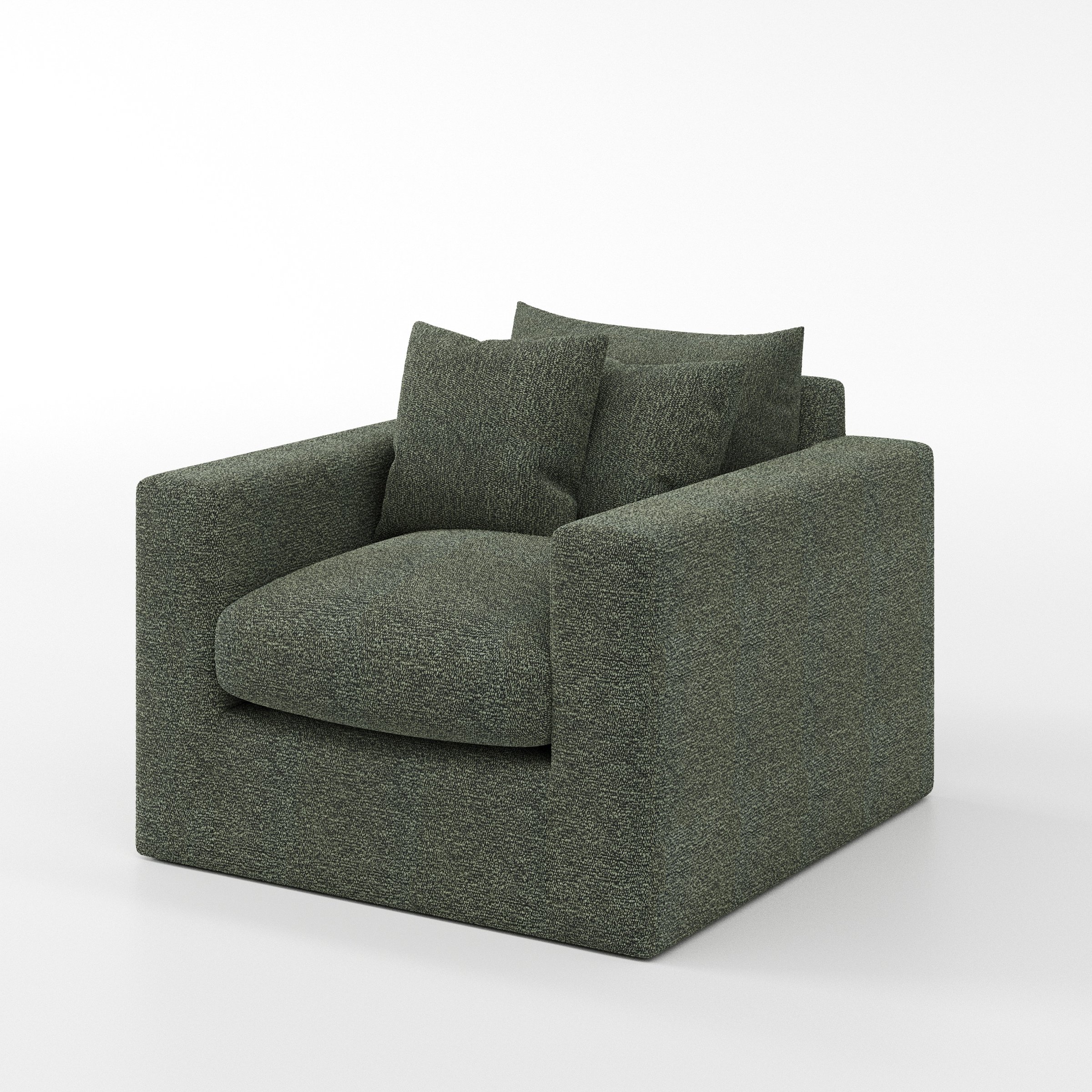 Coniston armchair in Kilda Boucle Moss shown at a diagonal angle highlighting arms and seat depth.