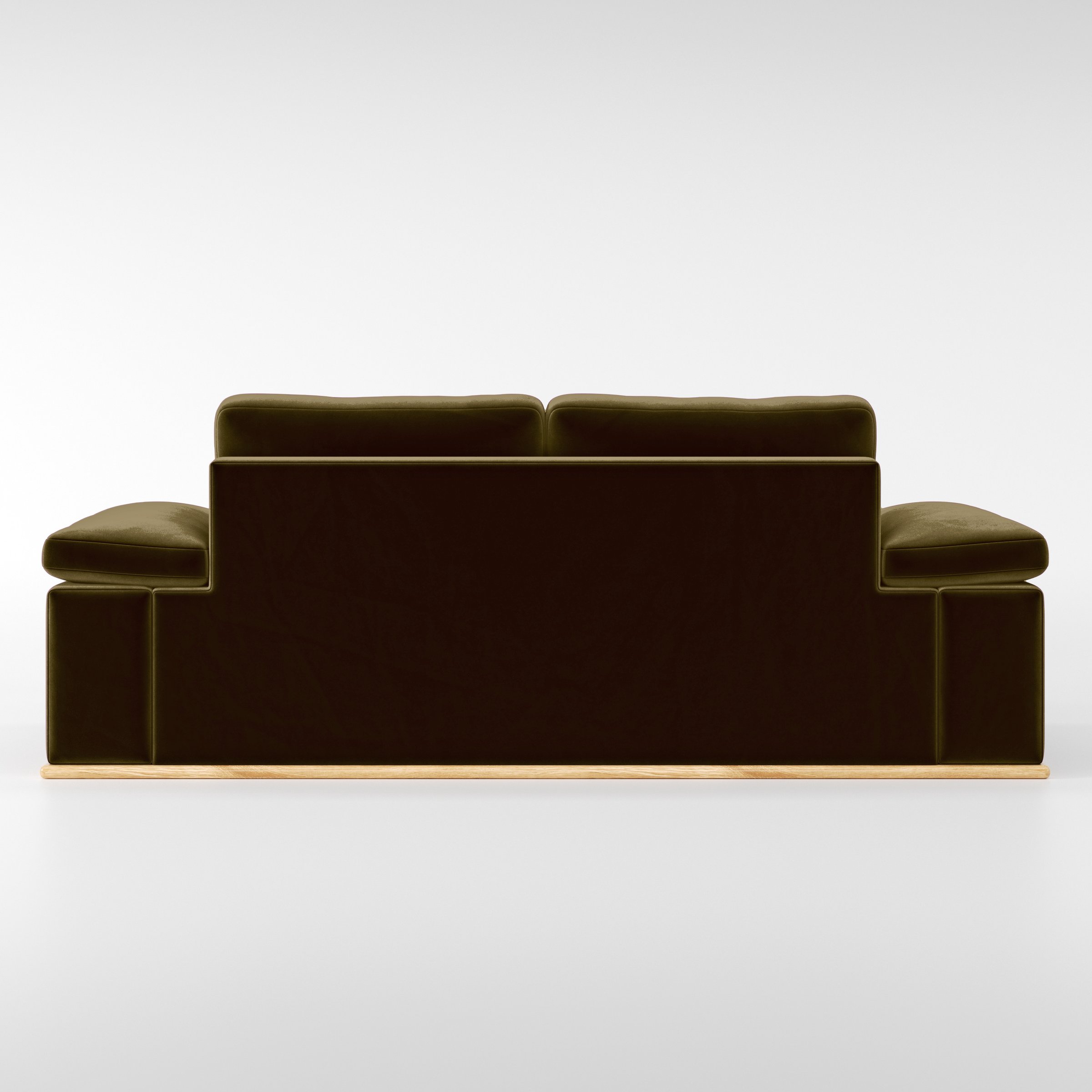 Rear view of the Cusher sofa upholstered in Plush EasyClean Velvet in Cedar.