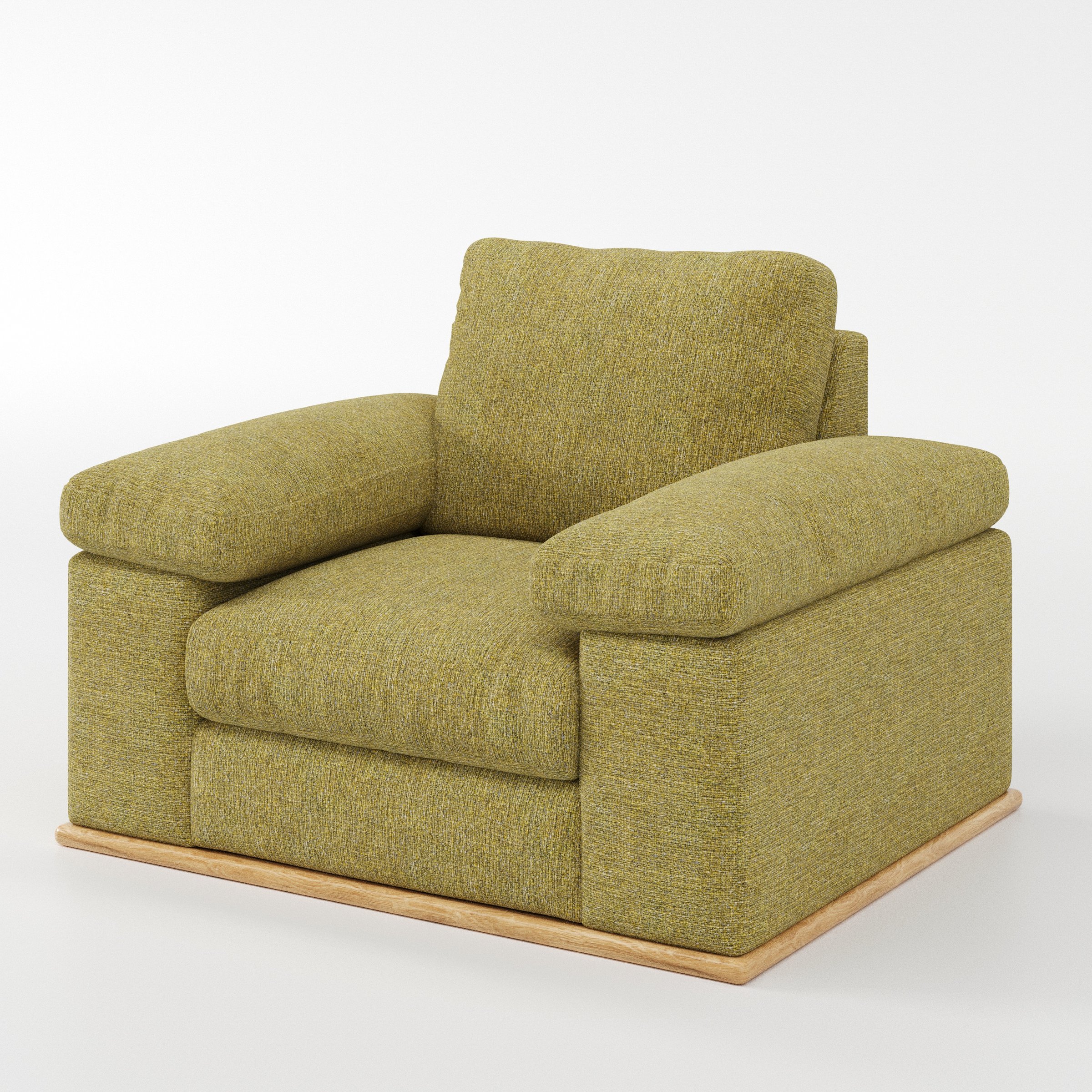 Cusher armchair in Heyling Tweed Sencha shown at a diagonal angle highlighting arms and seat depth.