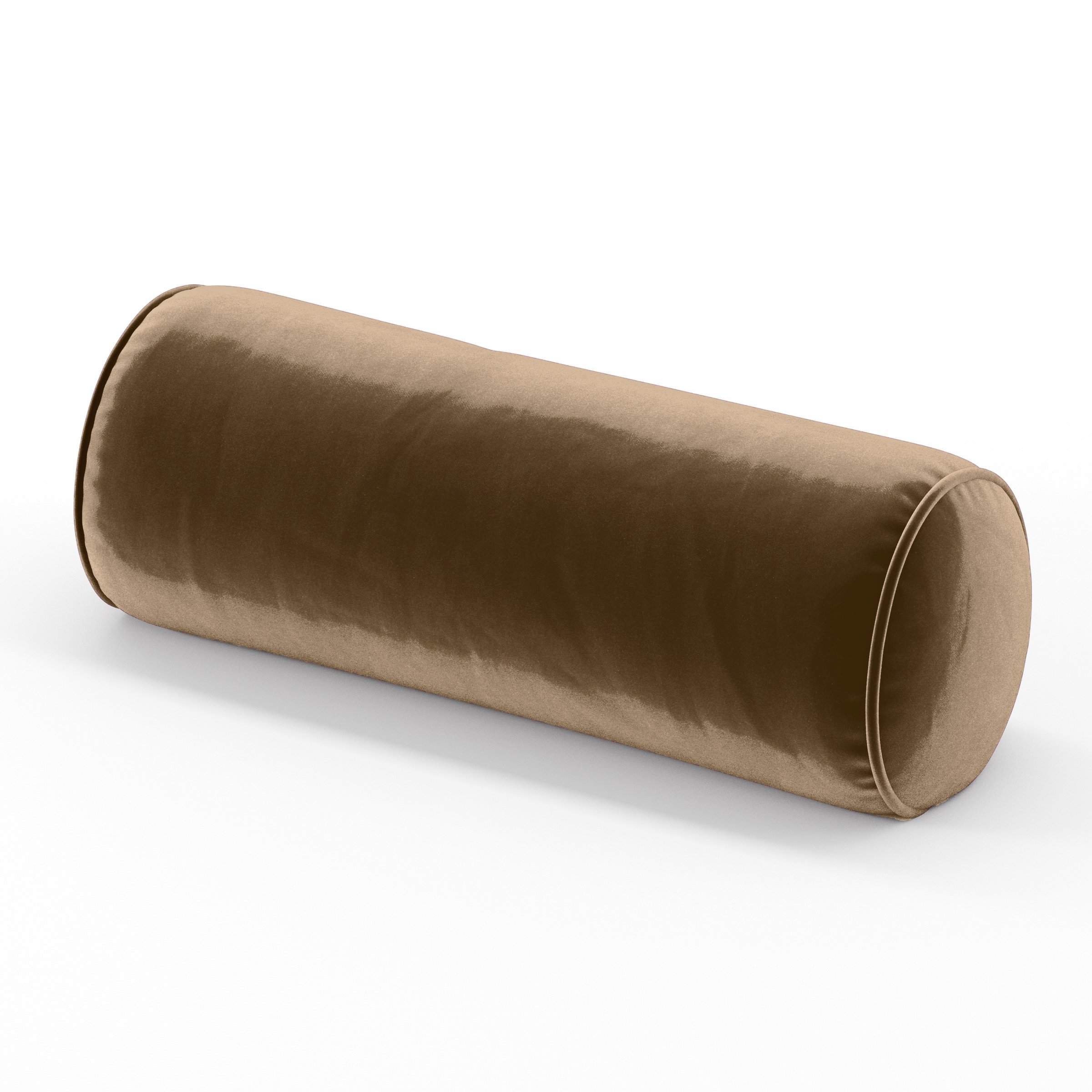 Ledger Cushion cylindrical bolster cushion with piping upholstered in Plush EasyClean Velvet in Caribou, size 20cm x 56cm.