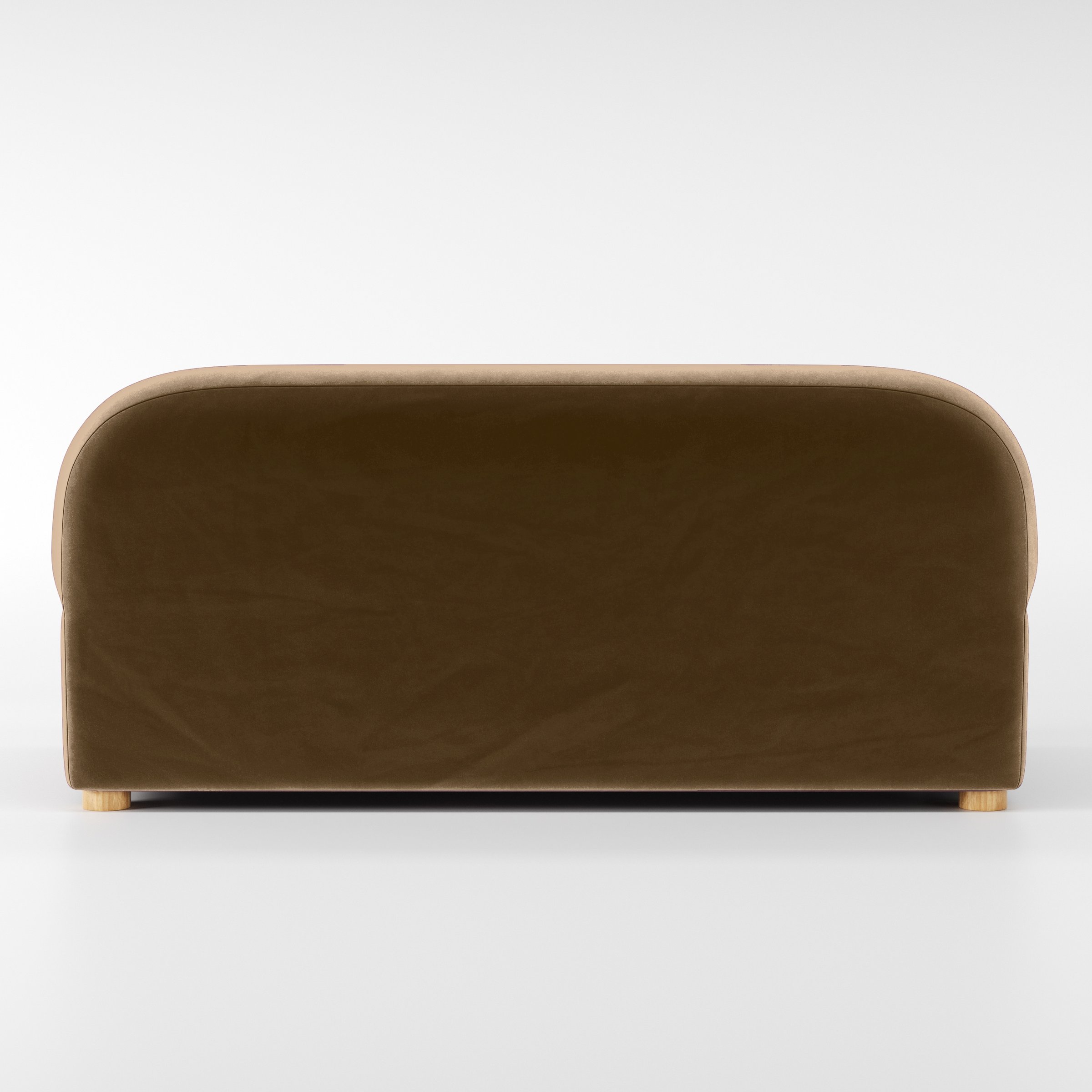 Rear view of the Awe sofa upholstered in Plush EasyClean Velvet in Caribou.