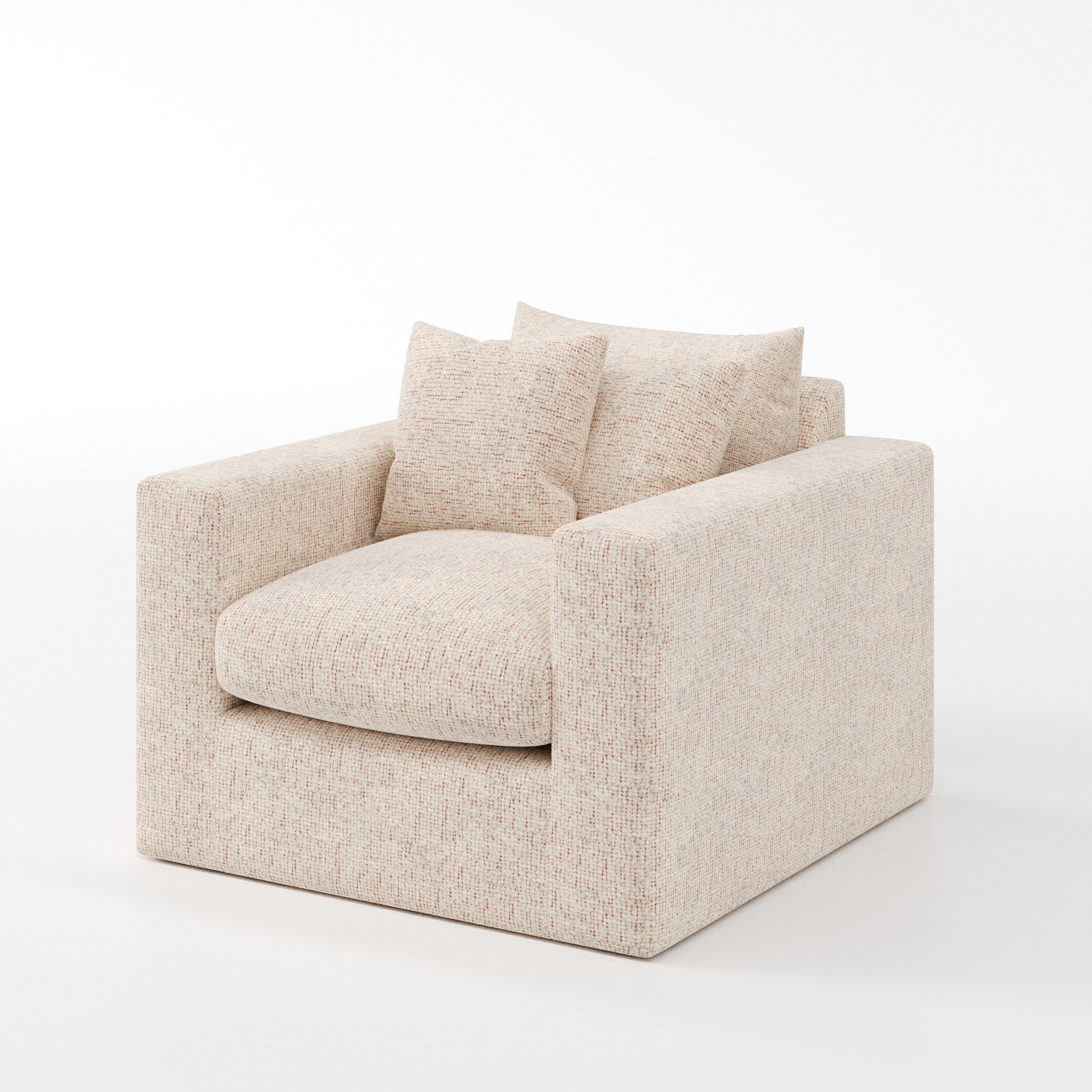 Coniston armchair in Orsay Boucle Cream and Copper shown at a diagonal angle highlighting arms and seat depth.