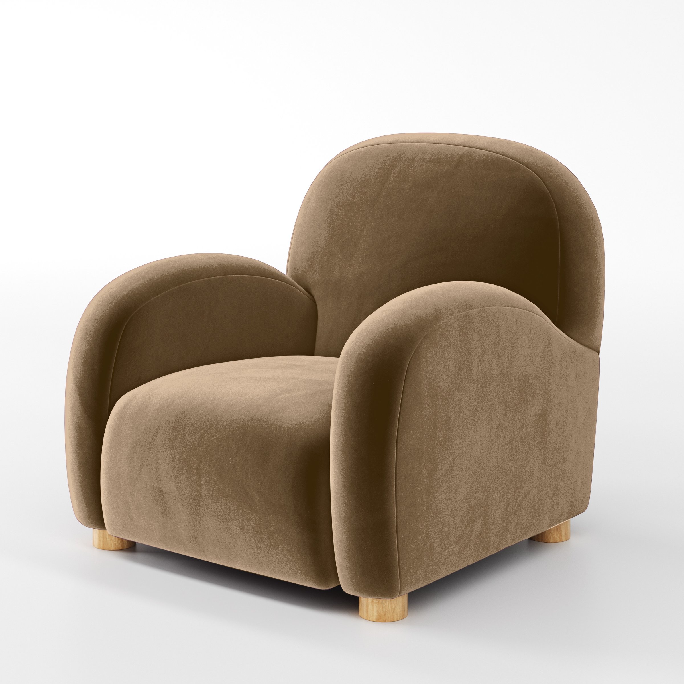 Diagonal view of the Awe armchair upholstered in Plush EasyClean Velvet in Caribou.