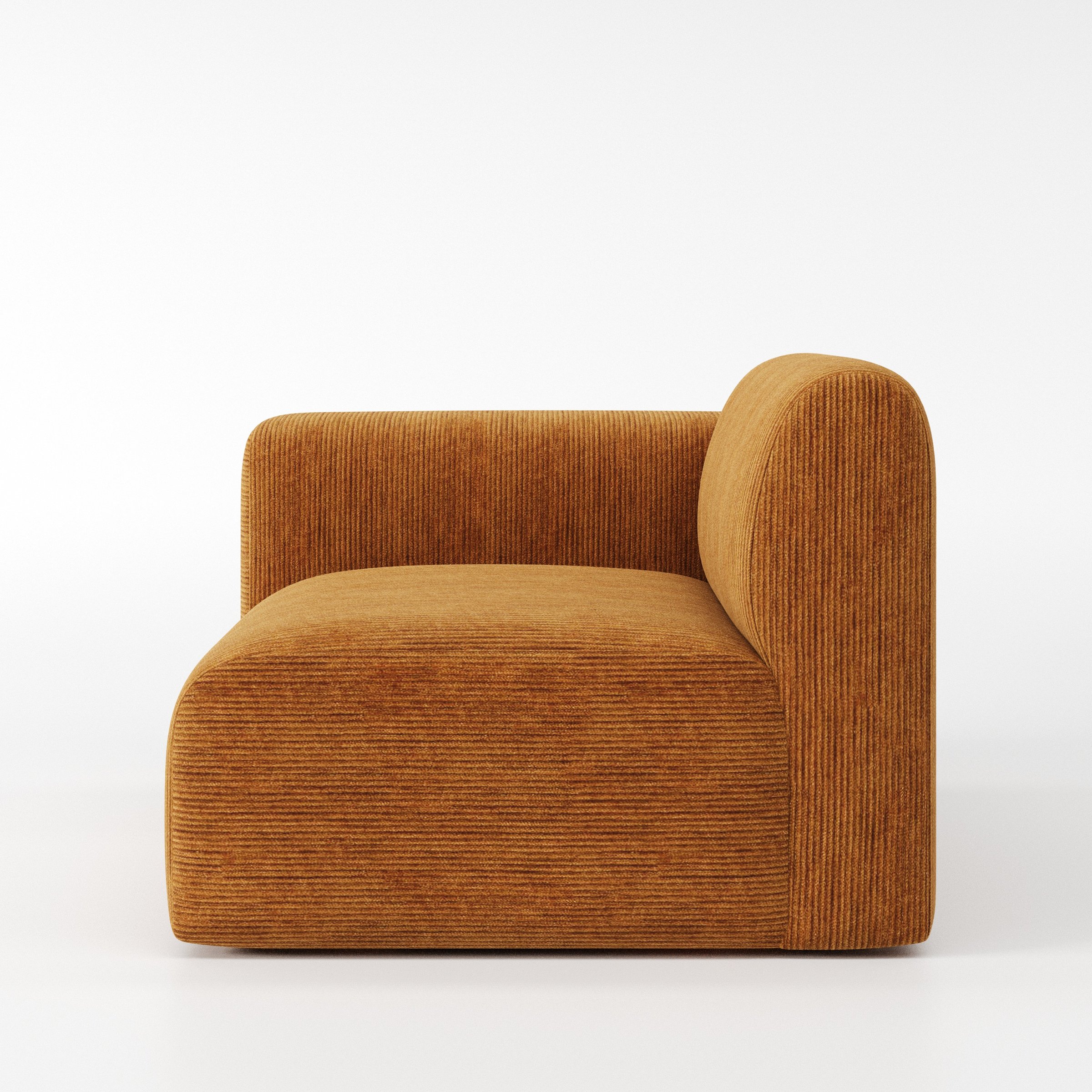 Drumquin modular sofa left side unit in Caldey Velvet Corduroy Tobacco shown from the side showing the rounded left armrest and deep seat profile.