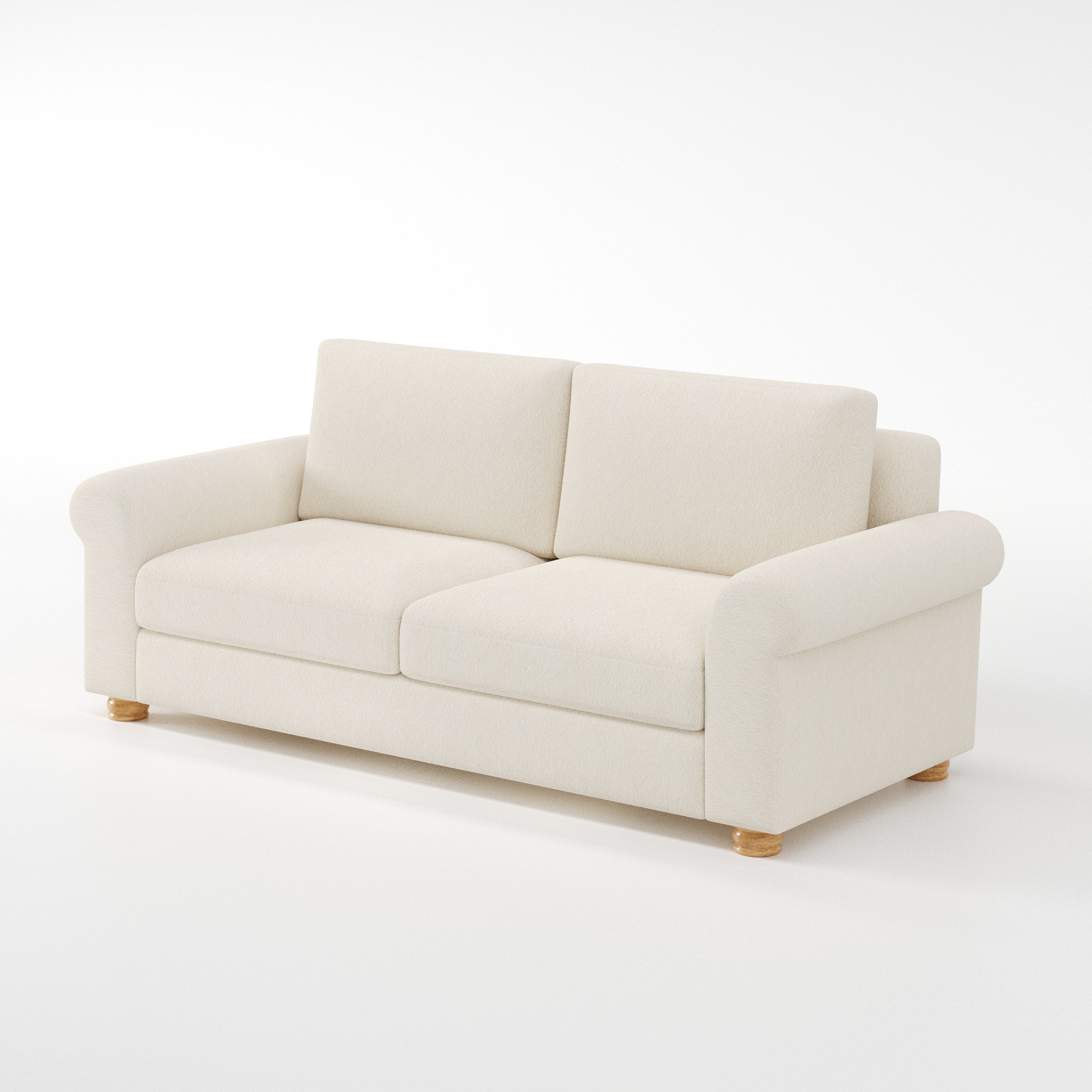 Anna Lee sofa in Kilda Boucle Cream shown at a diagonal angle highlighting arm profile and seat depth.