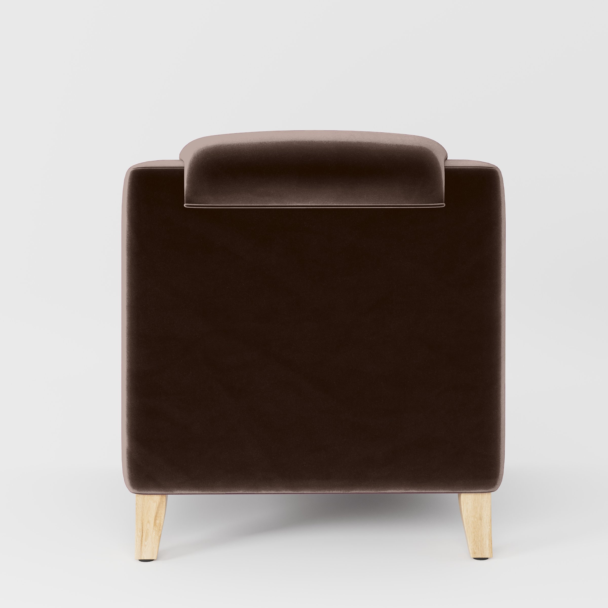 Rear view of the Erne armchair upholstered in Plush EasyClean Velvet in Mole.