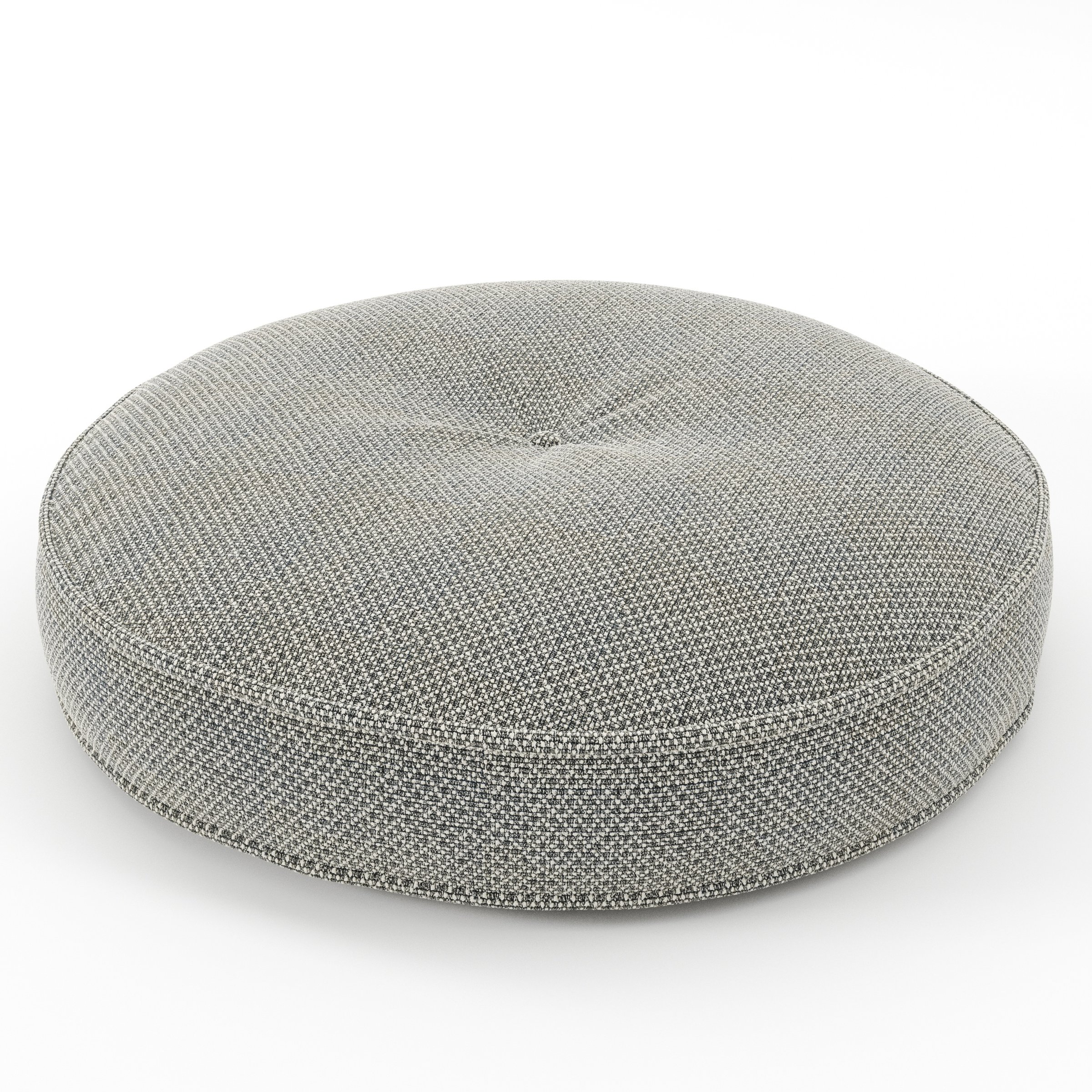 Cove cushion in Rousay Wool Blend Tar and Chalk, round tufted cushion with border and piping in speckled wool blend with contrasting tones and central tuft, size 60cm x 8.75cm
