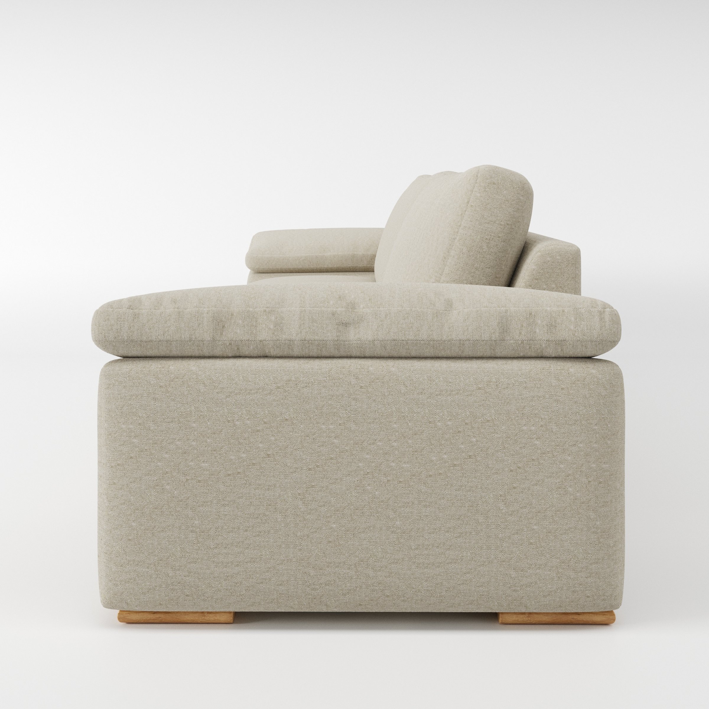 Moy sofa in Alderney Linen Oatmeal shown in side profile displaying proportions and overall silhouette.