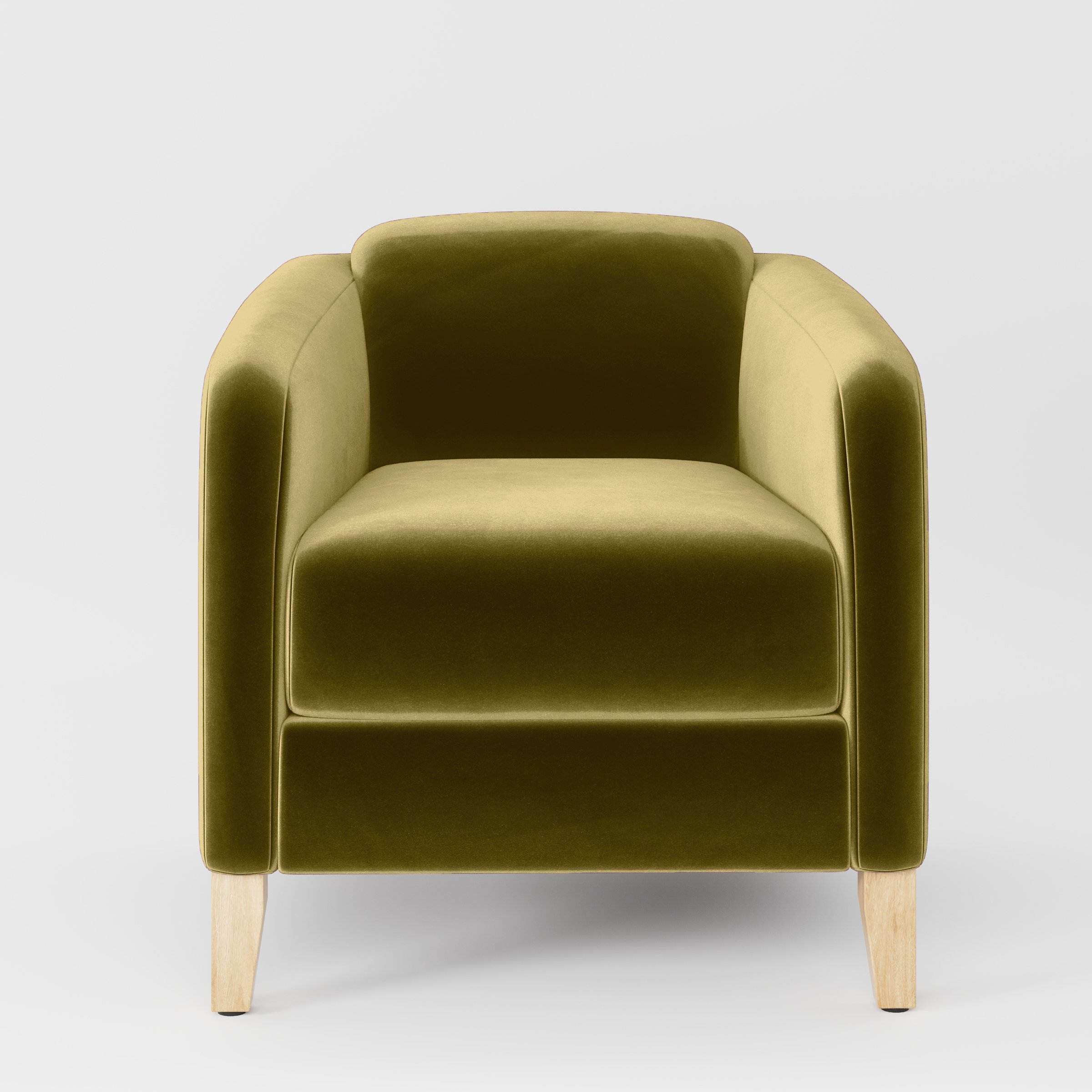 Front view of the Erne armchair upholstered in Plush EasyClean Velvet in Celery.