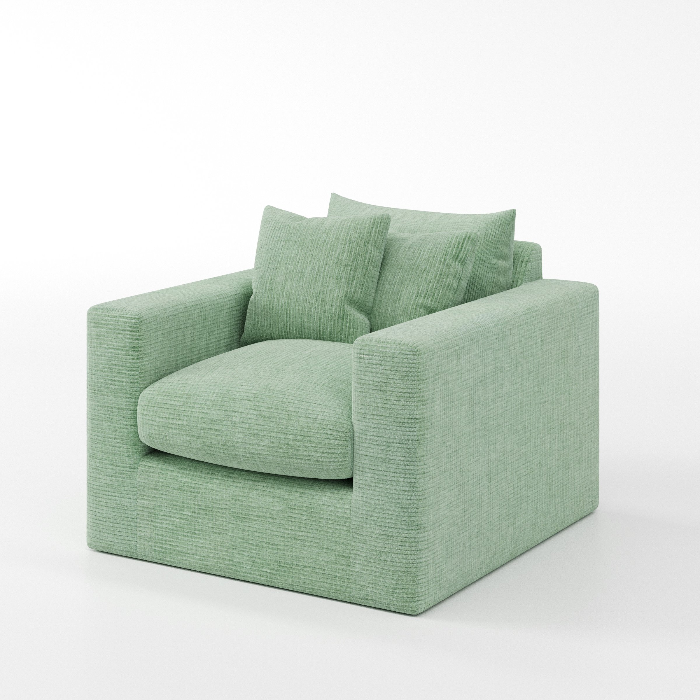 Coniston armchair in Caldey Velvet Corduroy Eucalyptus shown at a diagonal angle highlighting arms and seat depth.