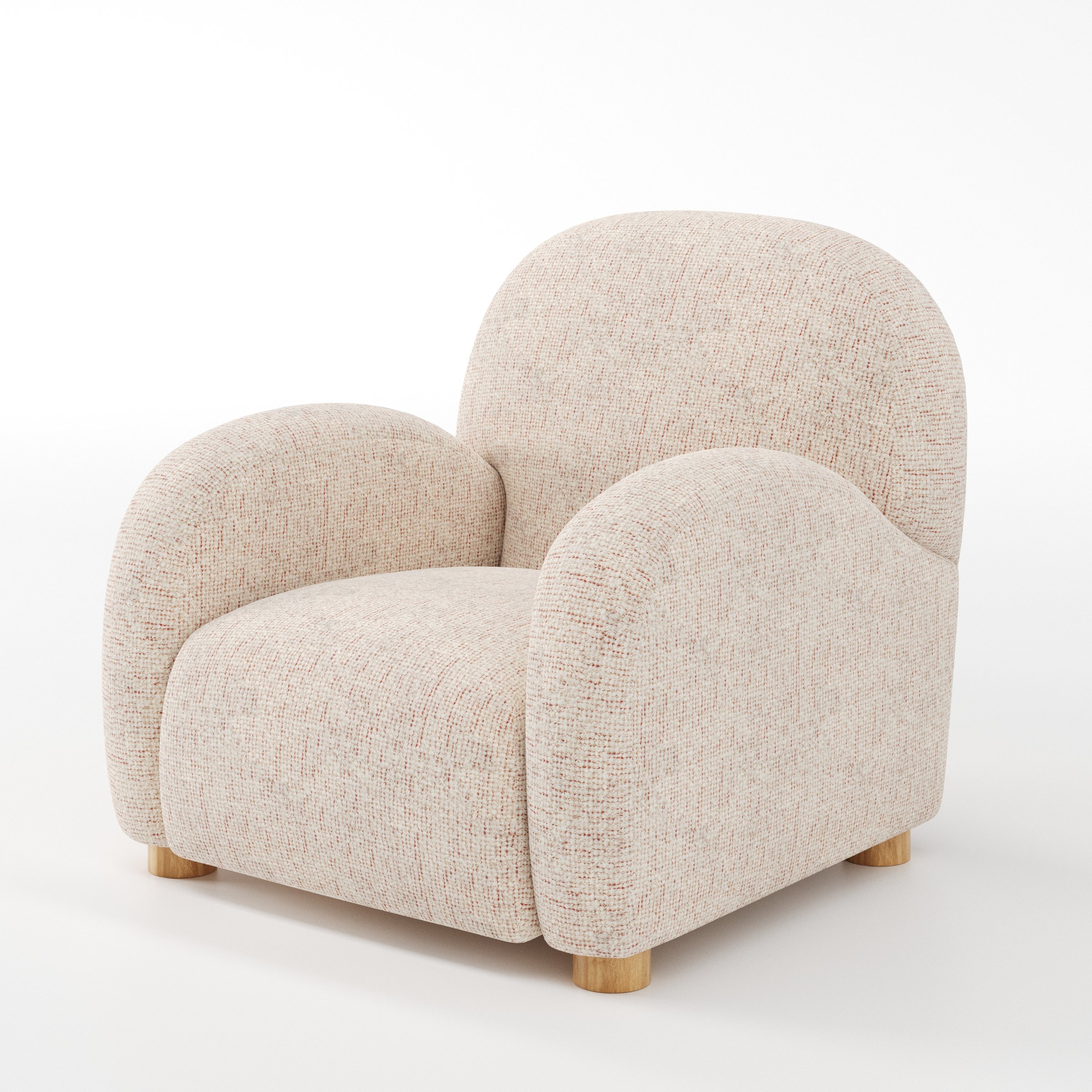 Awe armchair in Orsay Boucle Cream and Copper shown at a diagonal angle highlighting arms and seat depth.