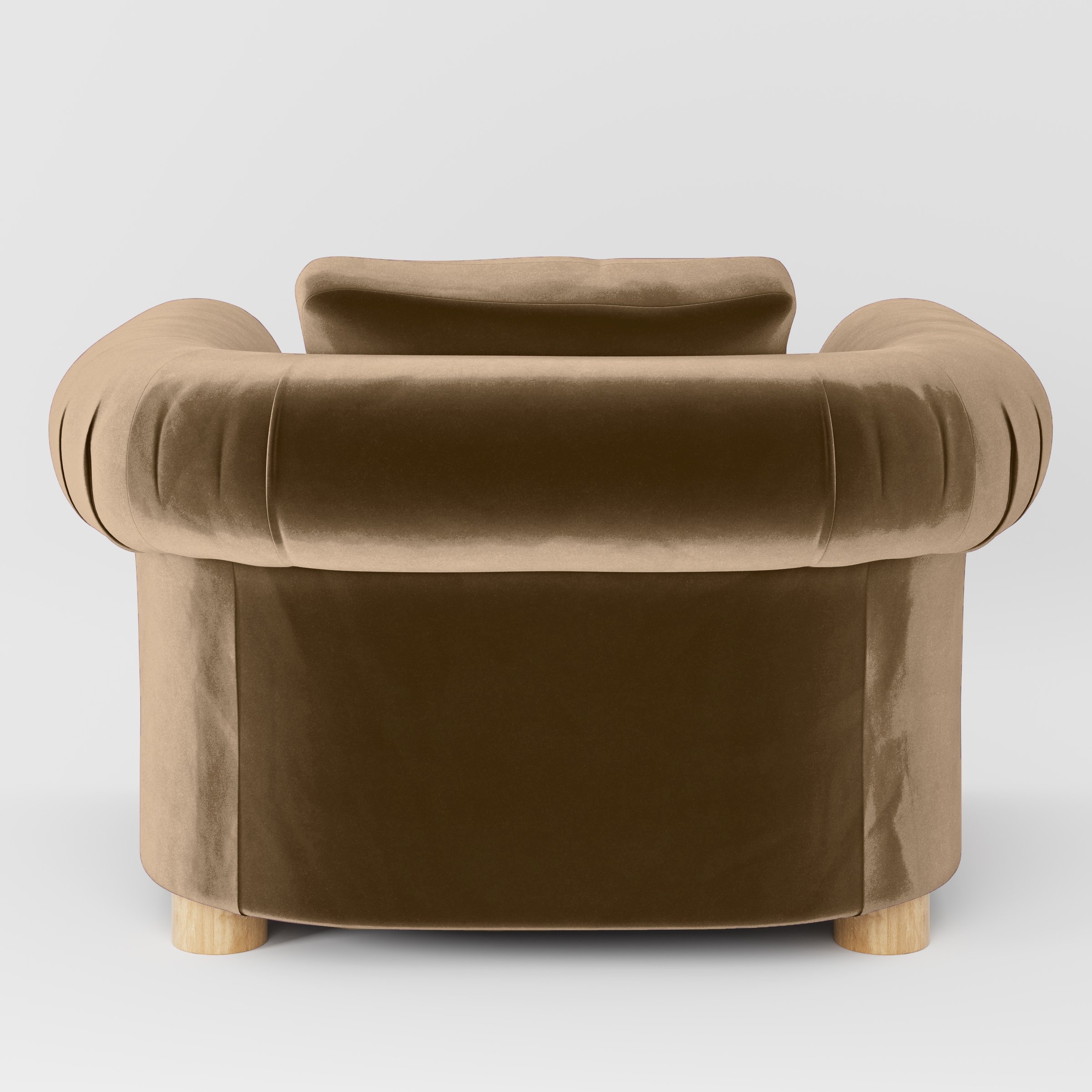 Rear view of the Windermere armchair upholstered in Plush EasyClean Velvet in Caribou.