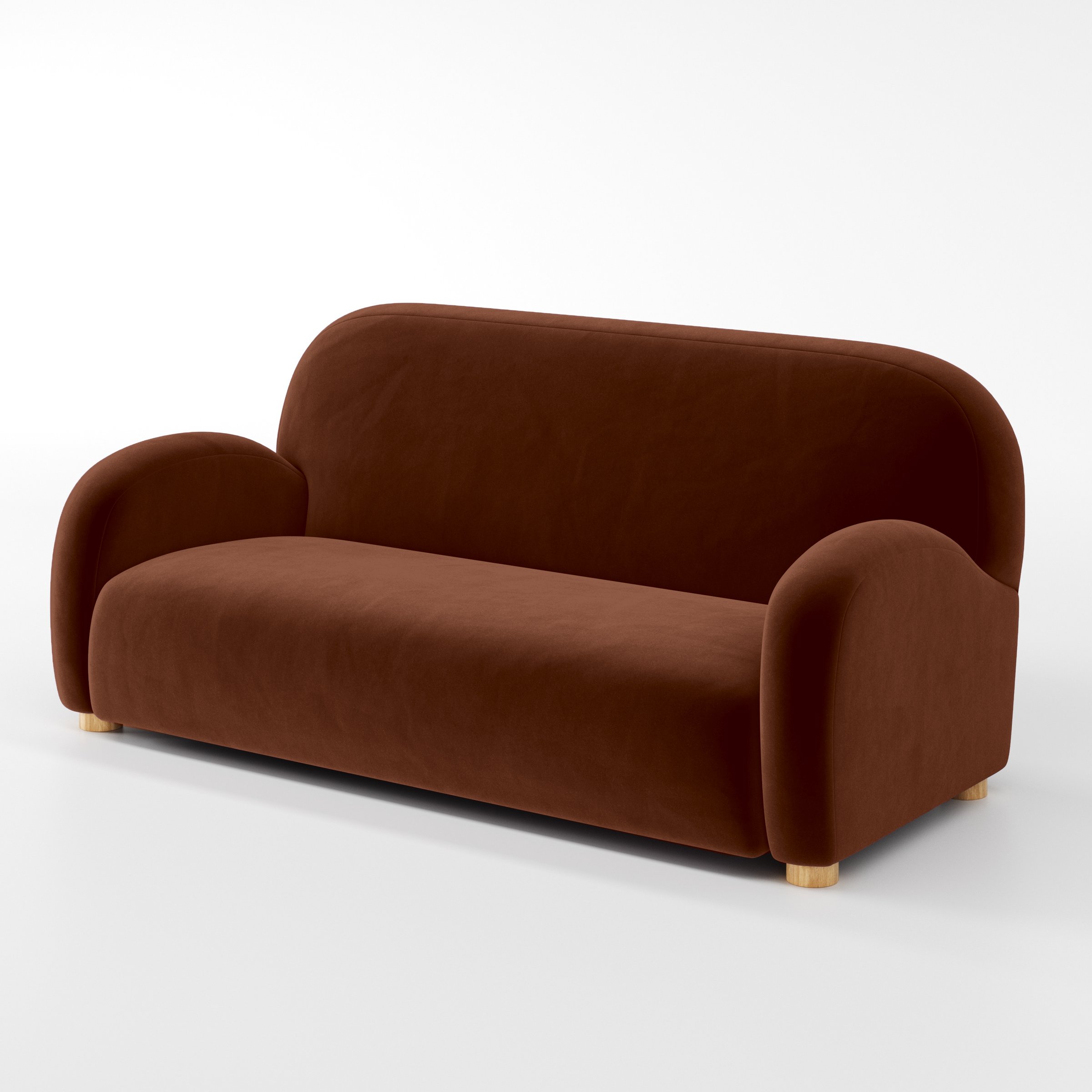 Diagonal view of the Awe sofa upholstered in Plush EasyClean Velvet in Maple.