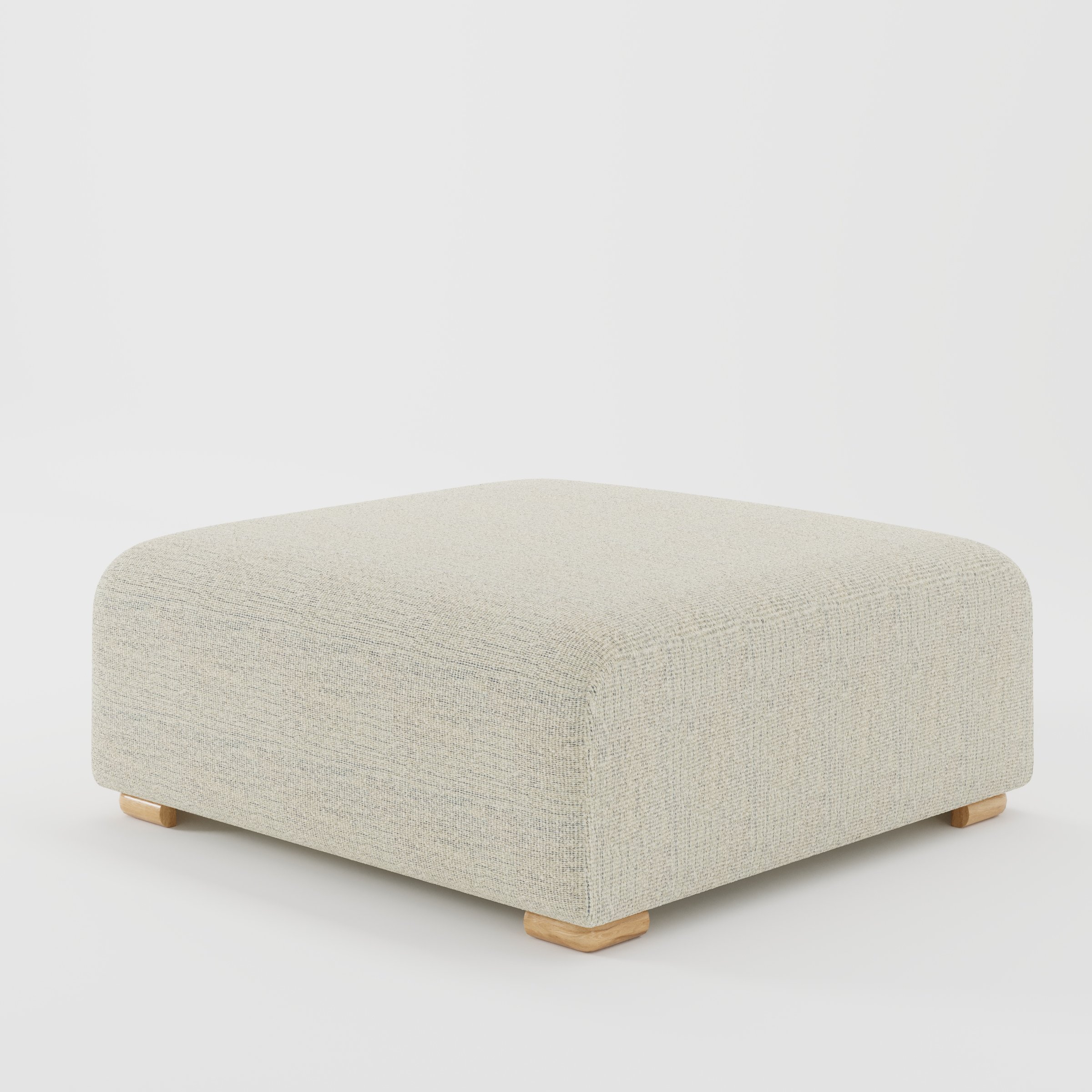Tay footstool in Orsay Boucle Cream and Marine shown at a diagonal angle highlighting clean edges and compact form.