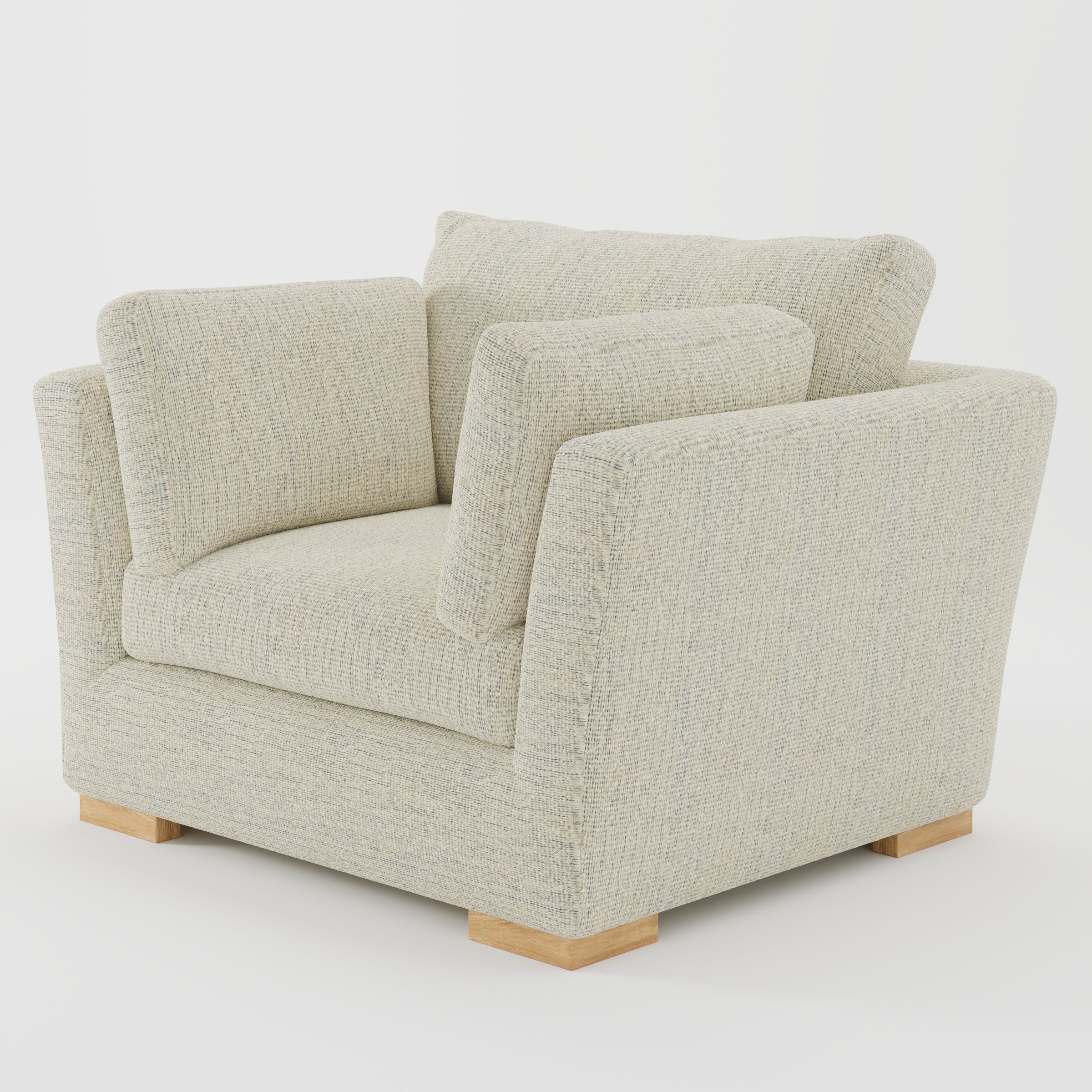 Stowe armchair in Orsay Boucle Cream and Marine shown at a diagonal angle highlighting splayed arms and seat depth.