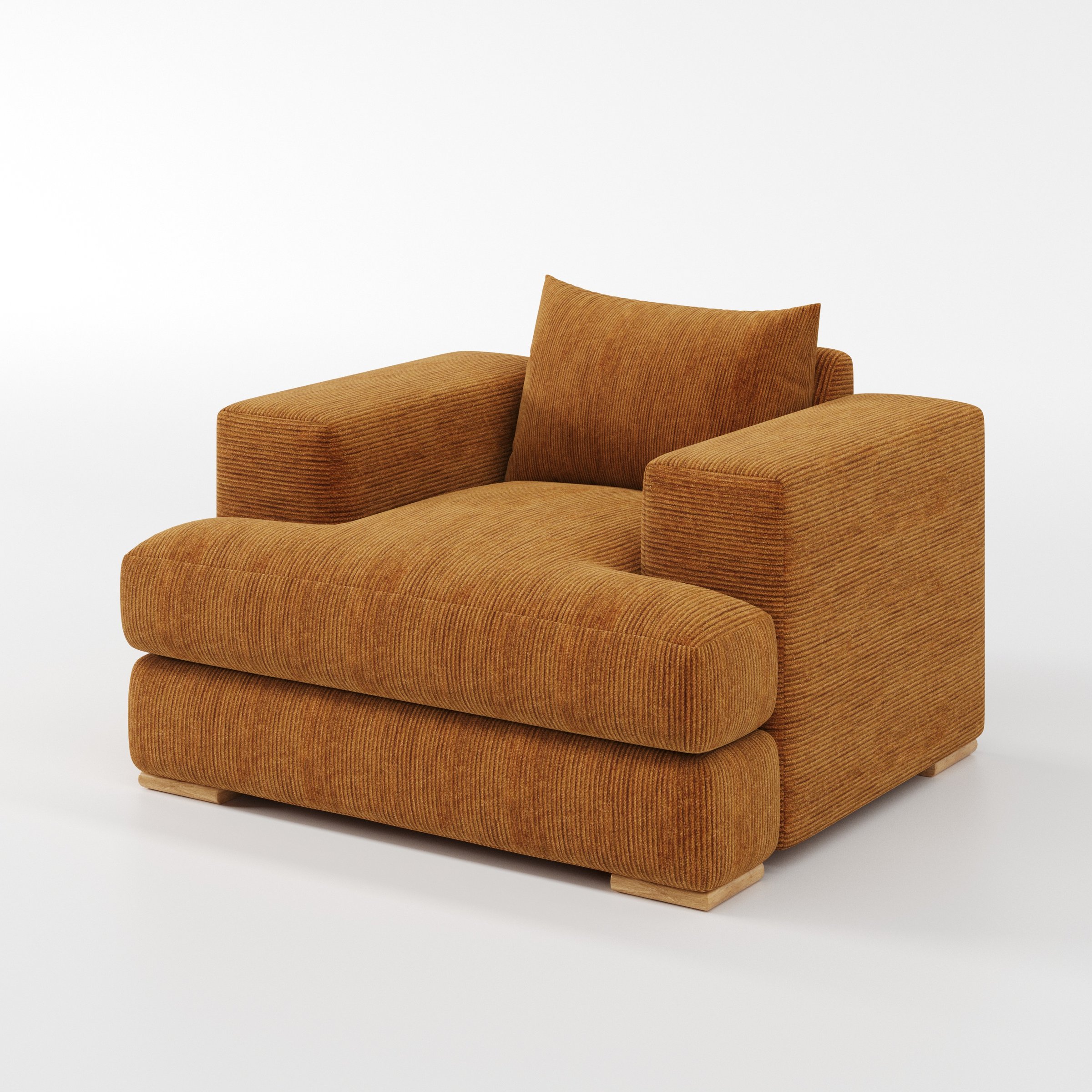 Fane armchair in Caldey Velvet Corduroy Tobacco shown at a diagonal angle highlighting arms and seat depth.