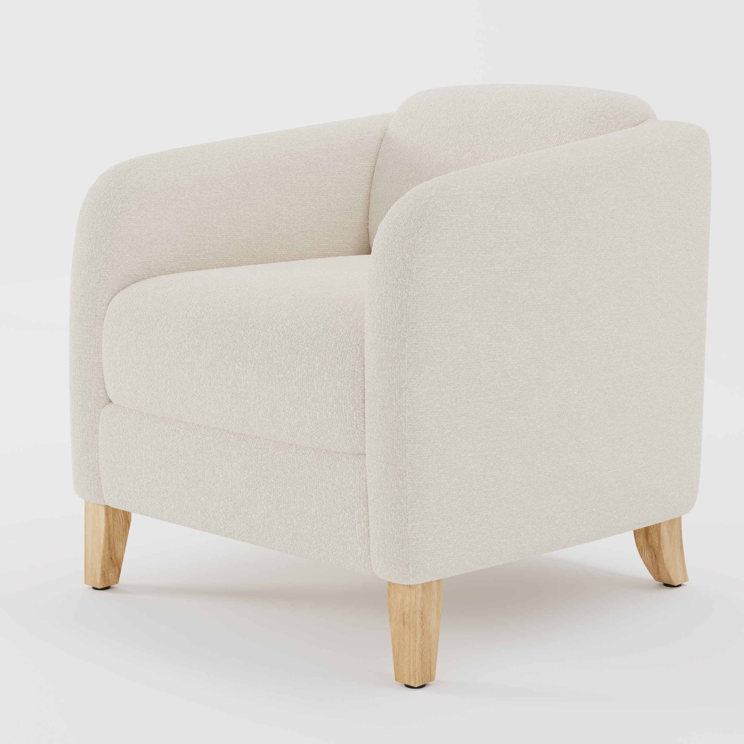 Erne armchair in Kilda Boucle Cream shown at a diagonal angle highlighting curved arms and compact seat depth.