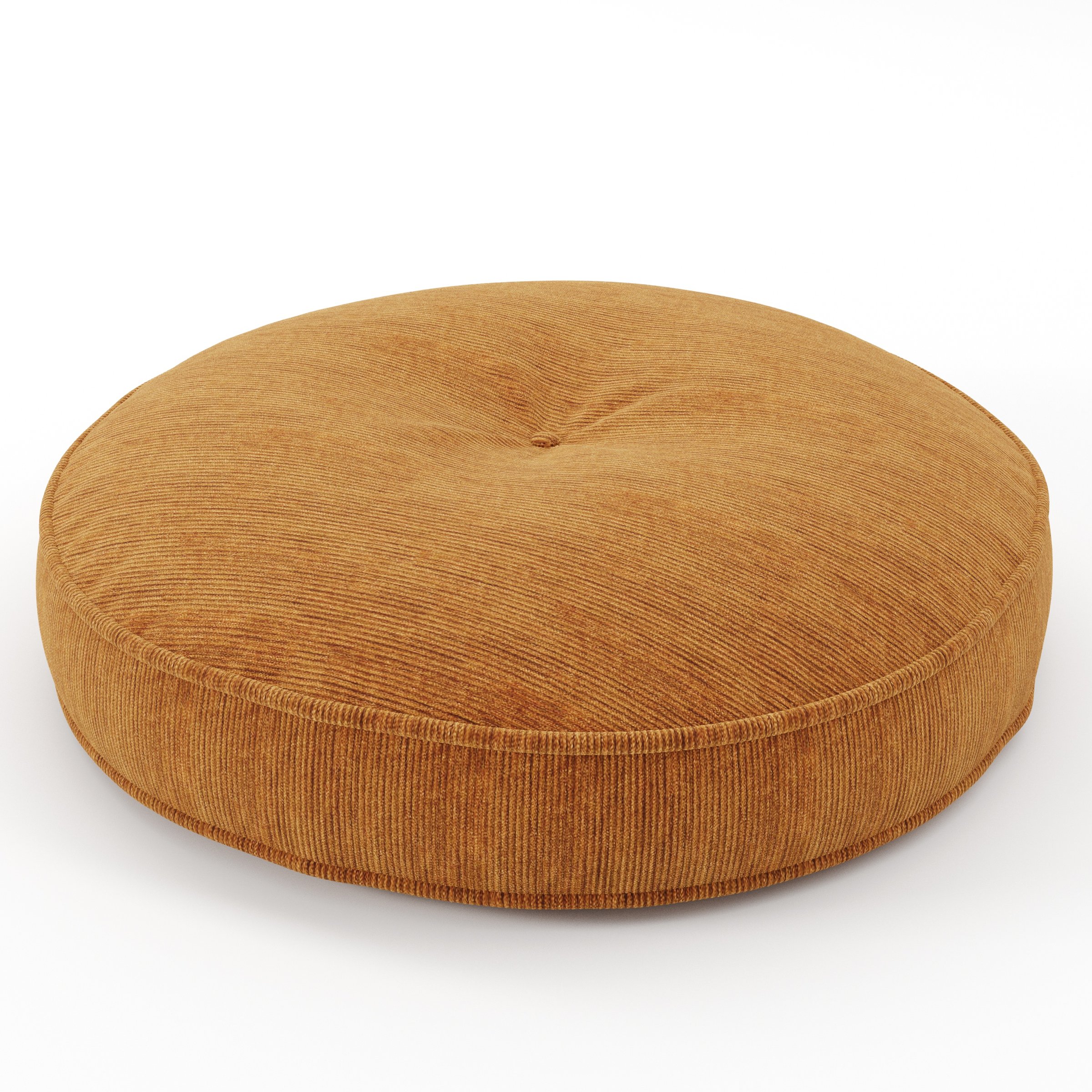 Cove cushion in Caldey Velvet Corduroy Tobacco, round tufted cushion with border and piping in warm tobacco corduroy velvet with central tuft detail, size 60cm x 8.75cm