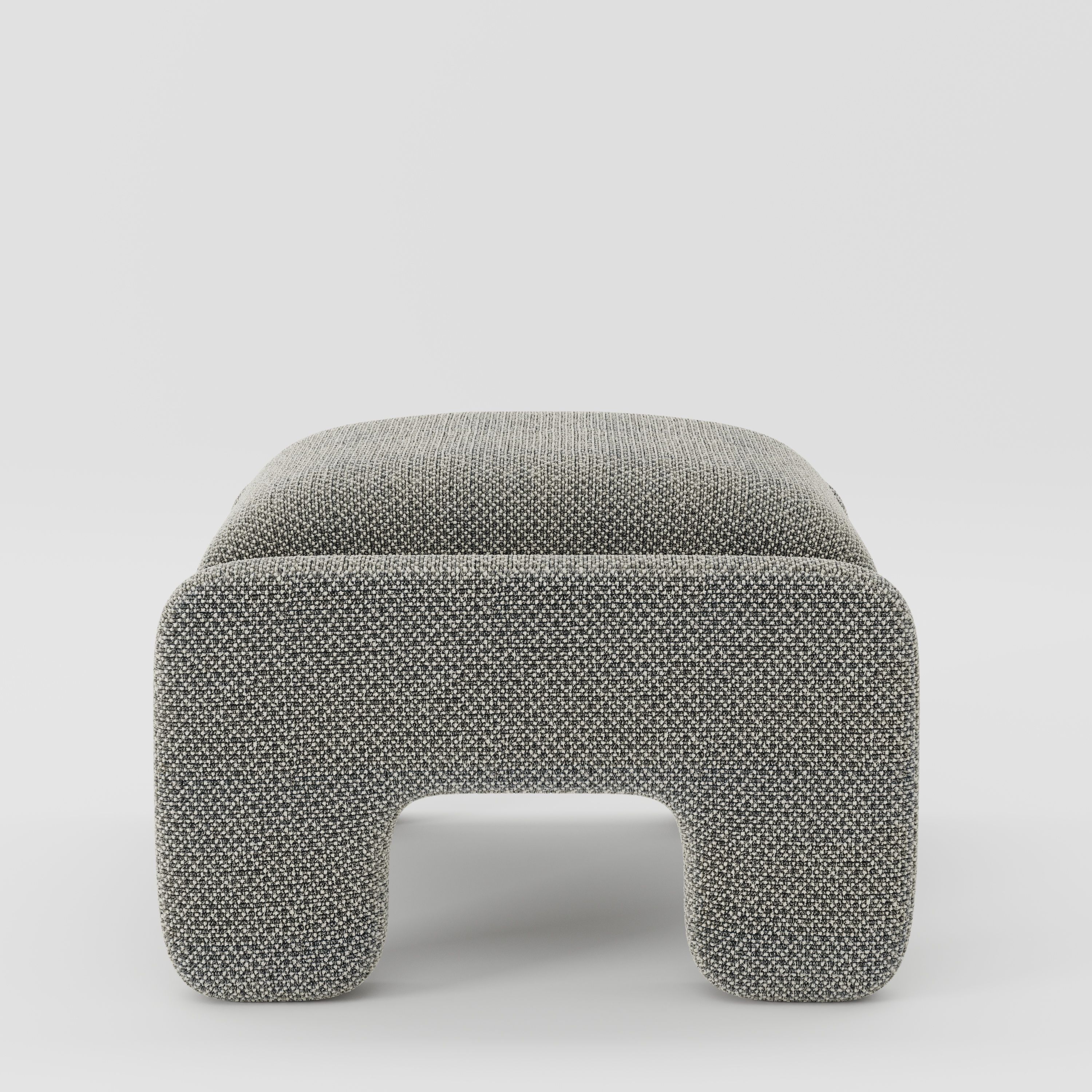 Inny footstool in Rousay wool blend tar and chalk fabric, side view emphasising compact proportions and clean lines