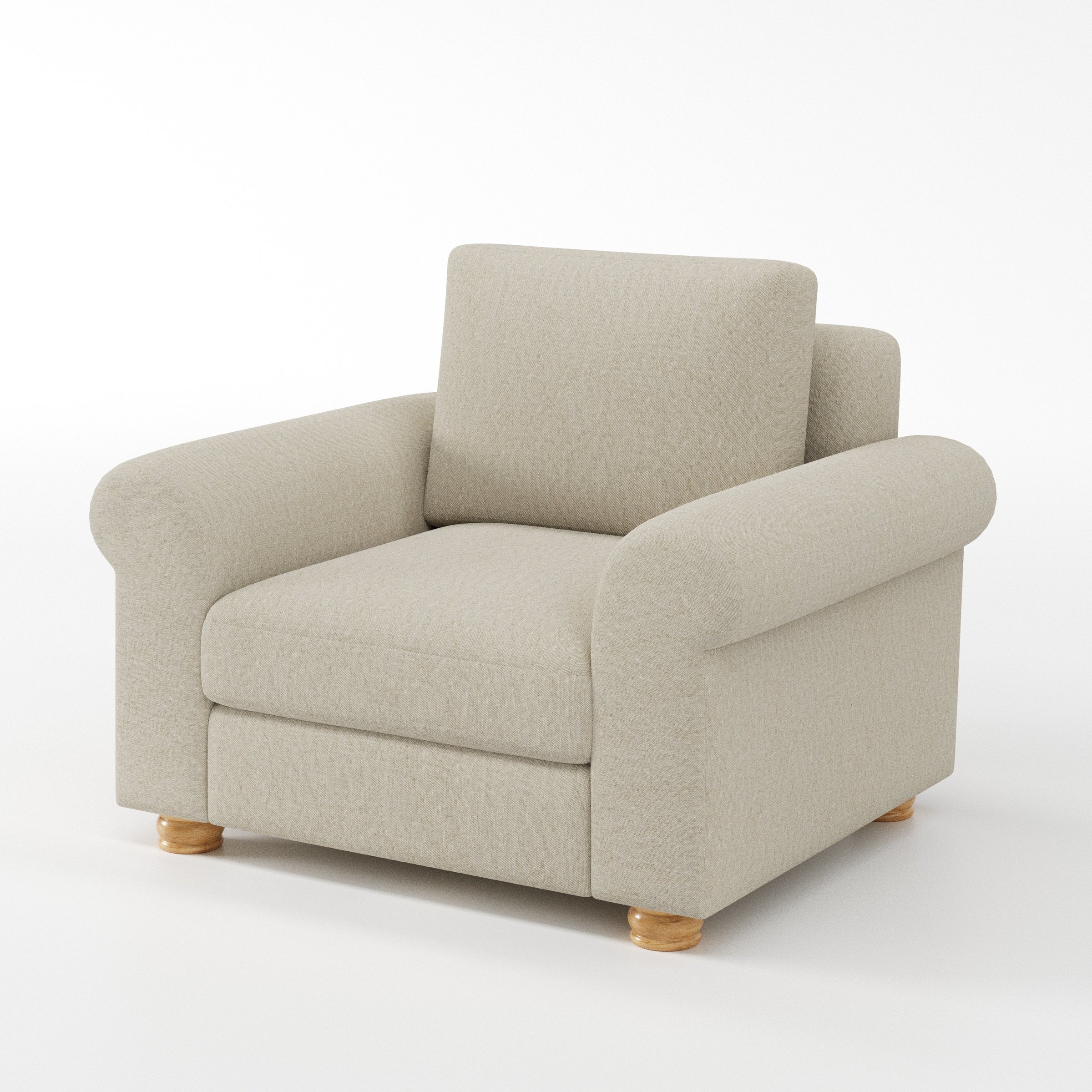 Anna Lee armchair in Alderney Linen Oatmeal shown at a diagonal angle highlighting arms and seat depth.
