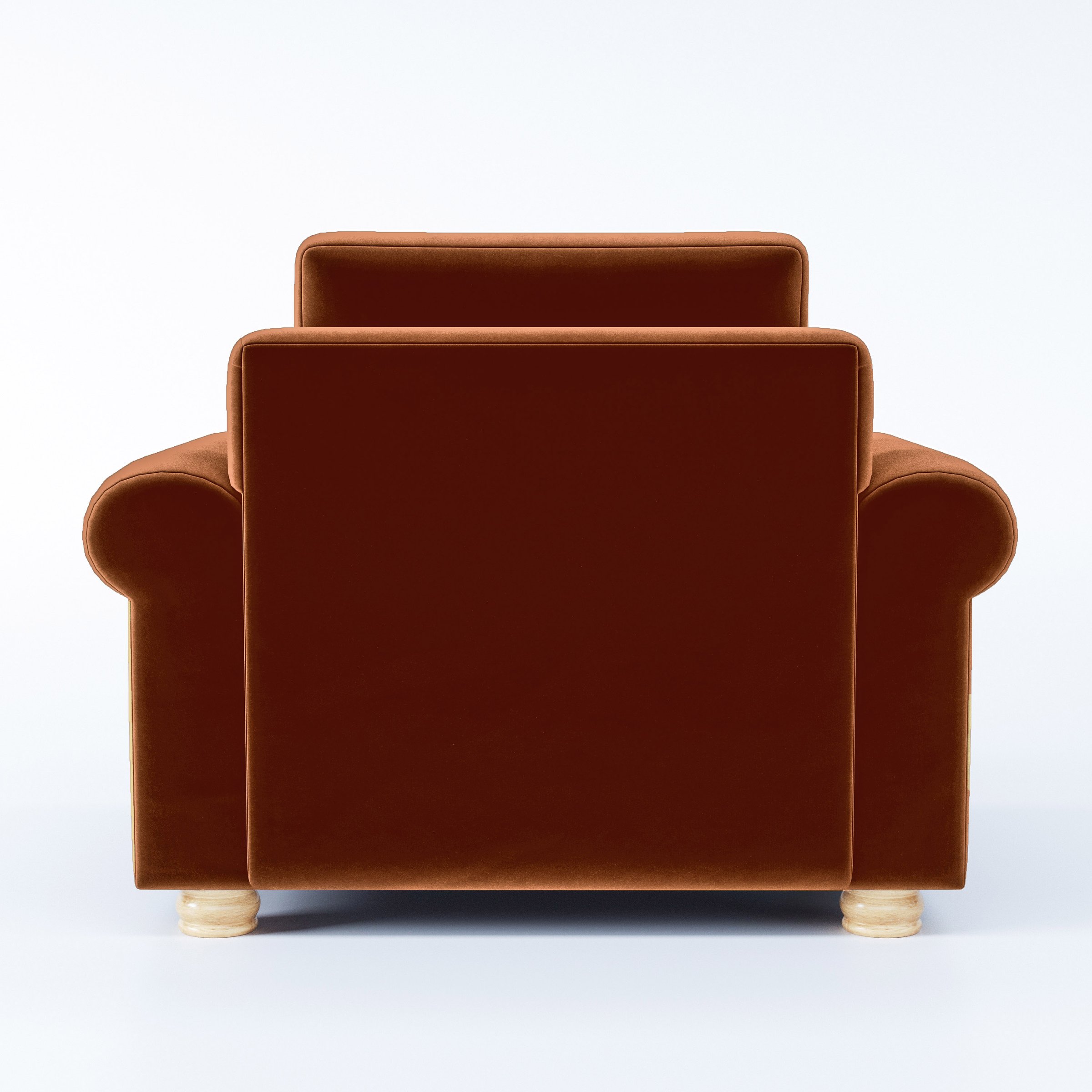 Rear view of the Anna Lee armchair upholstered in Plush EasyClean Velvet in Apricot.