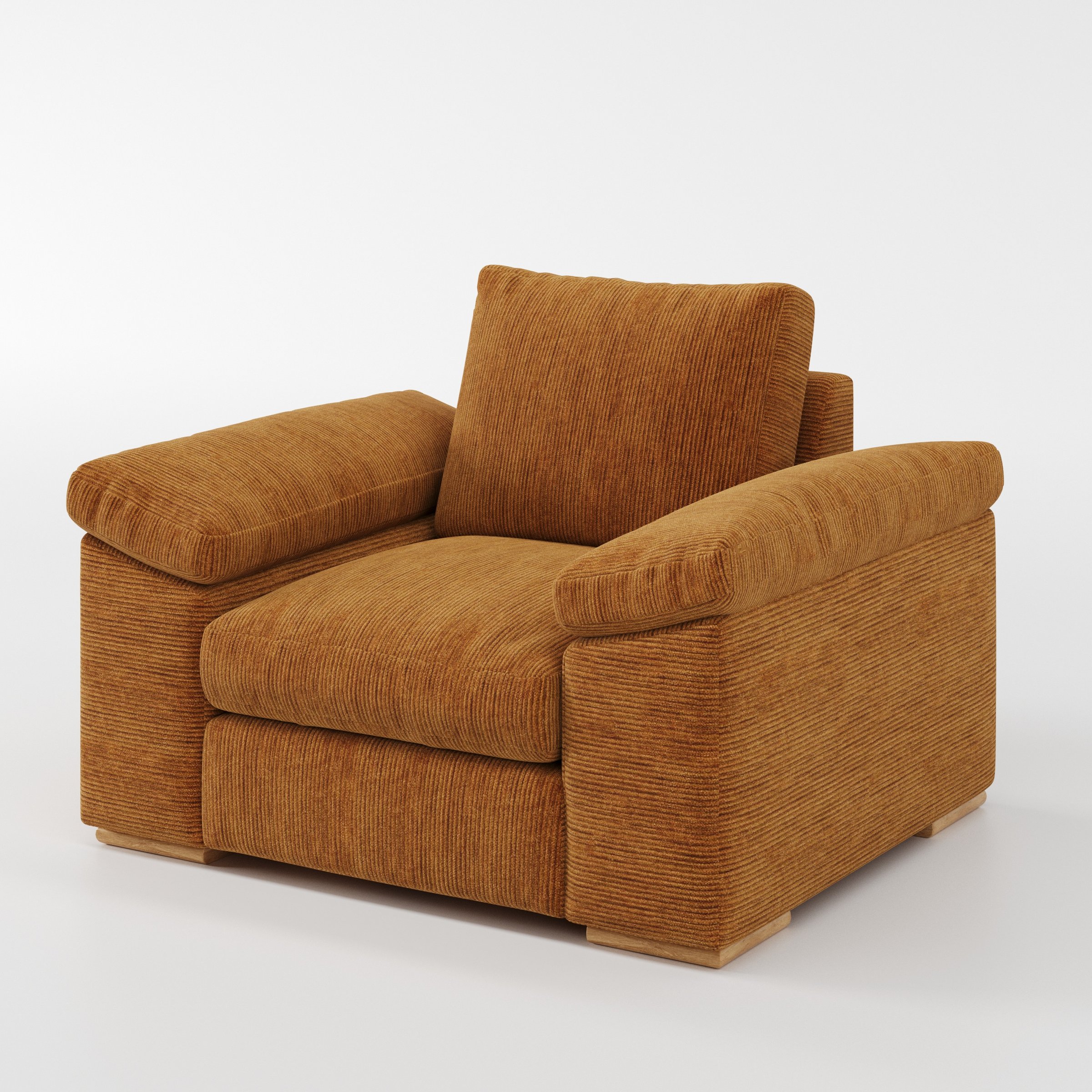 Moy armchair in Caldey Velvet Corduroy Tobacco shown at a diagonal angle highlighting arms and seat depth.