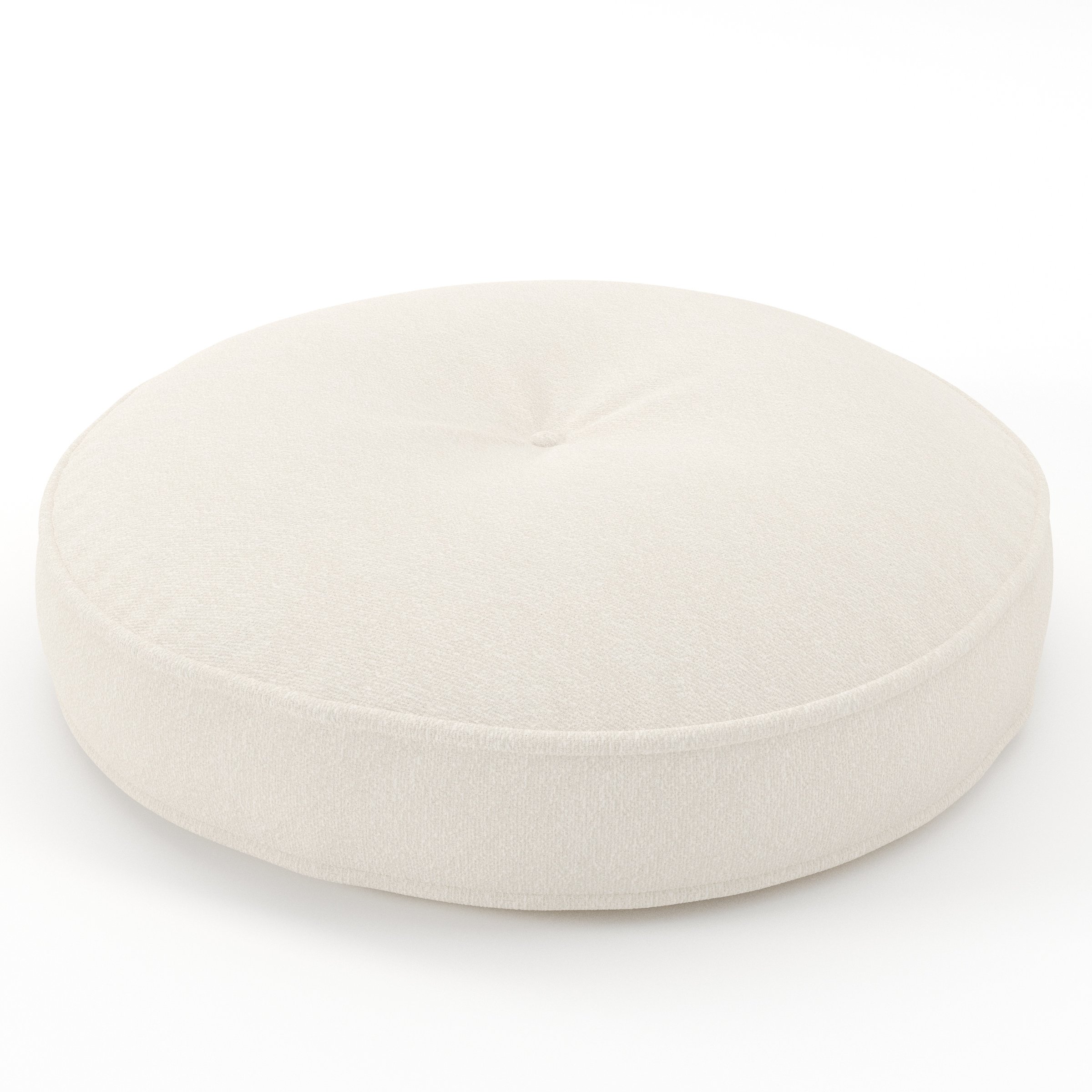 Cove cushion in Kilda Boucle Cream, round tufted cushion with border and piping in soft cream boucle with central tuft, size 60cm x 8.75cm