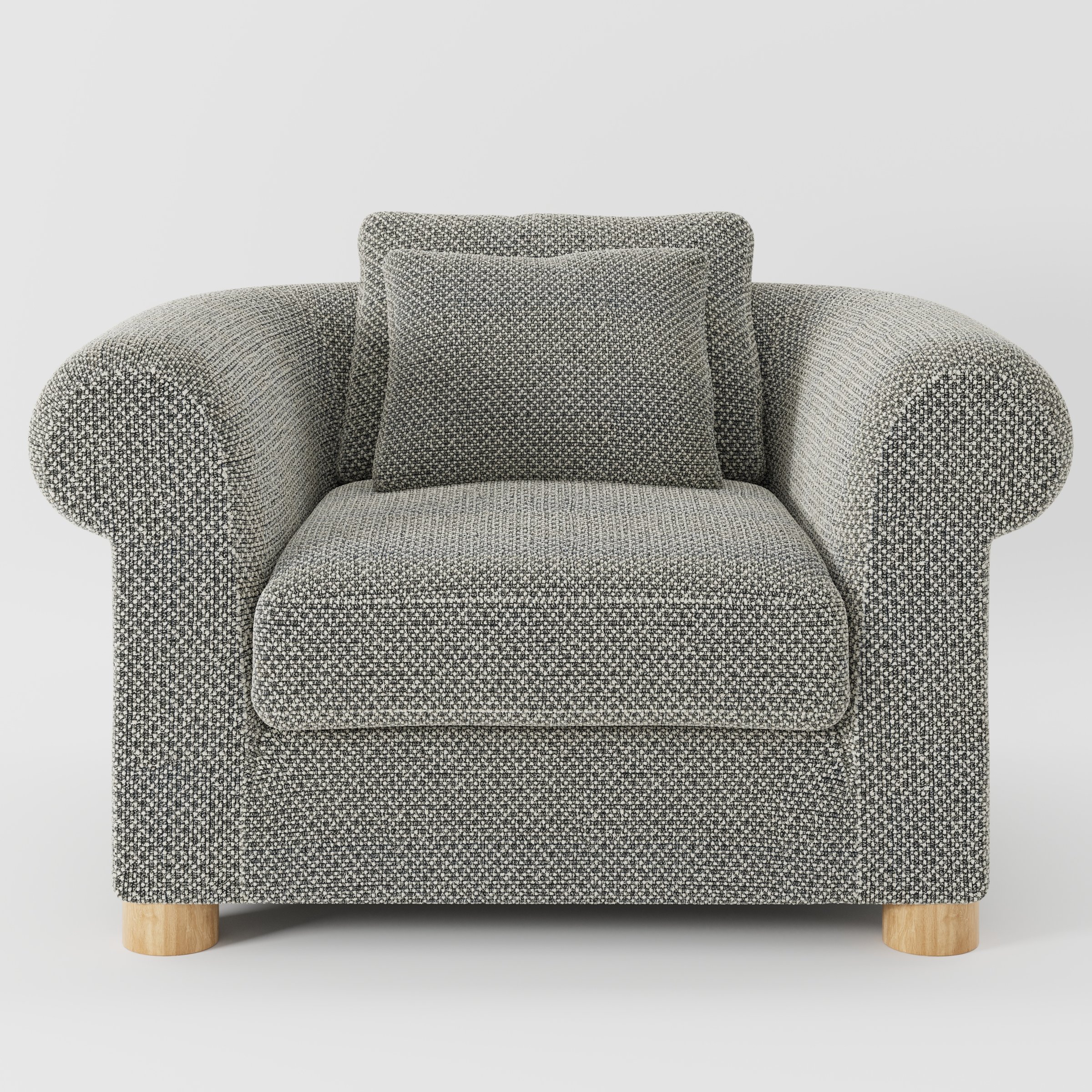 Windermere armchair in Rousay Wool Blend Tar and Chalk shown front-on against a neutral studio backdrop.