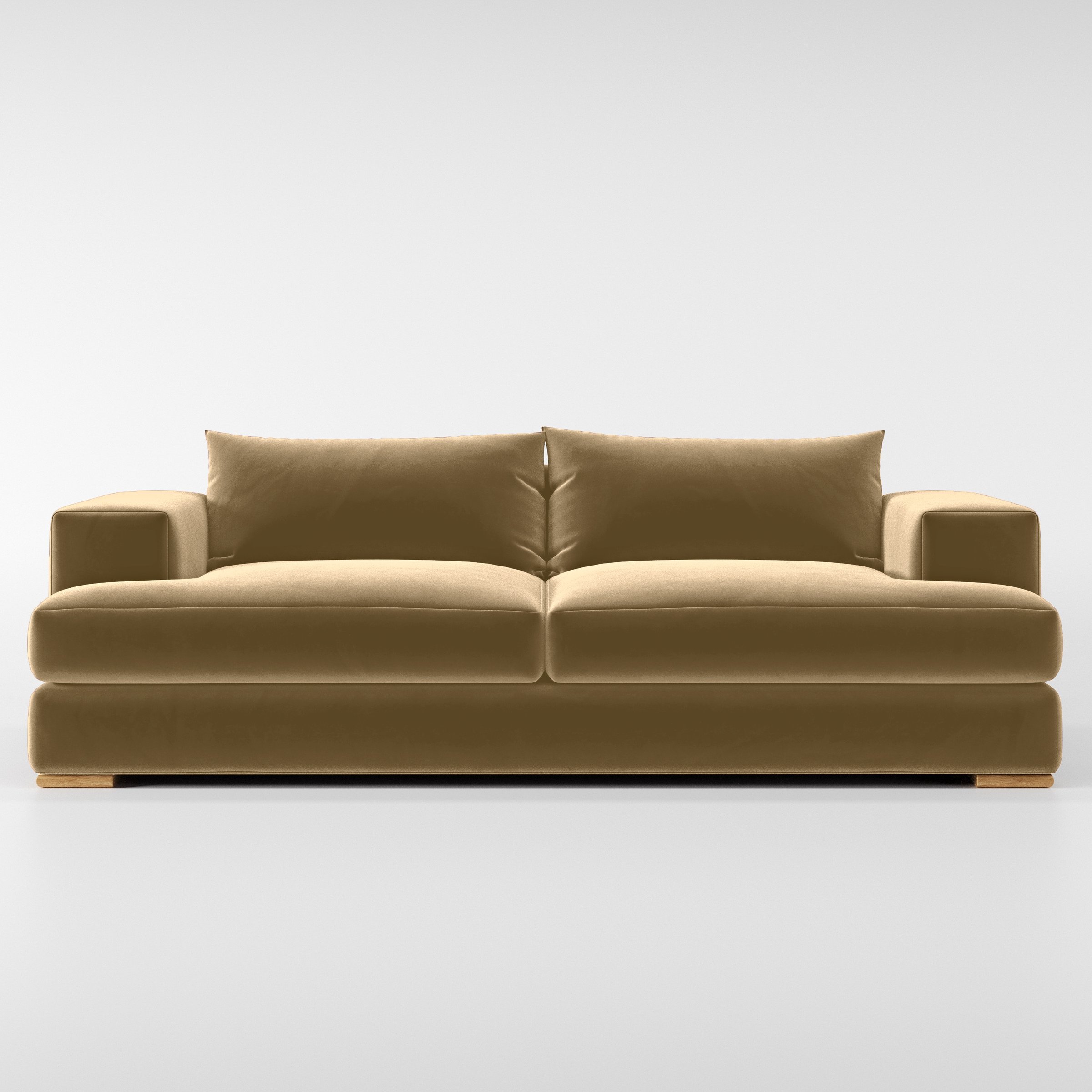 Front view of the Fane sofa upholstered in Plush EasyClean Velvet in Cafe.