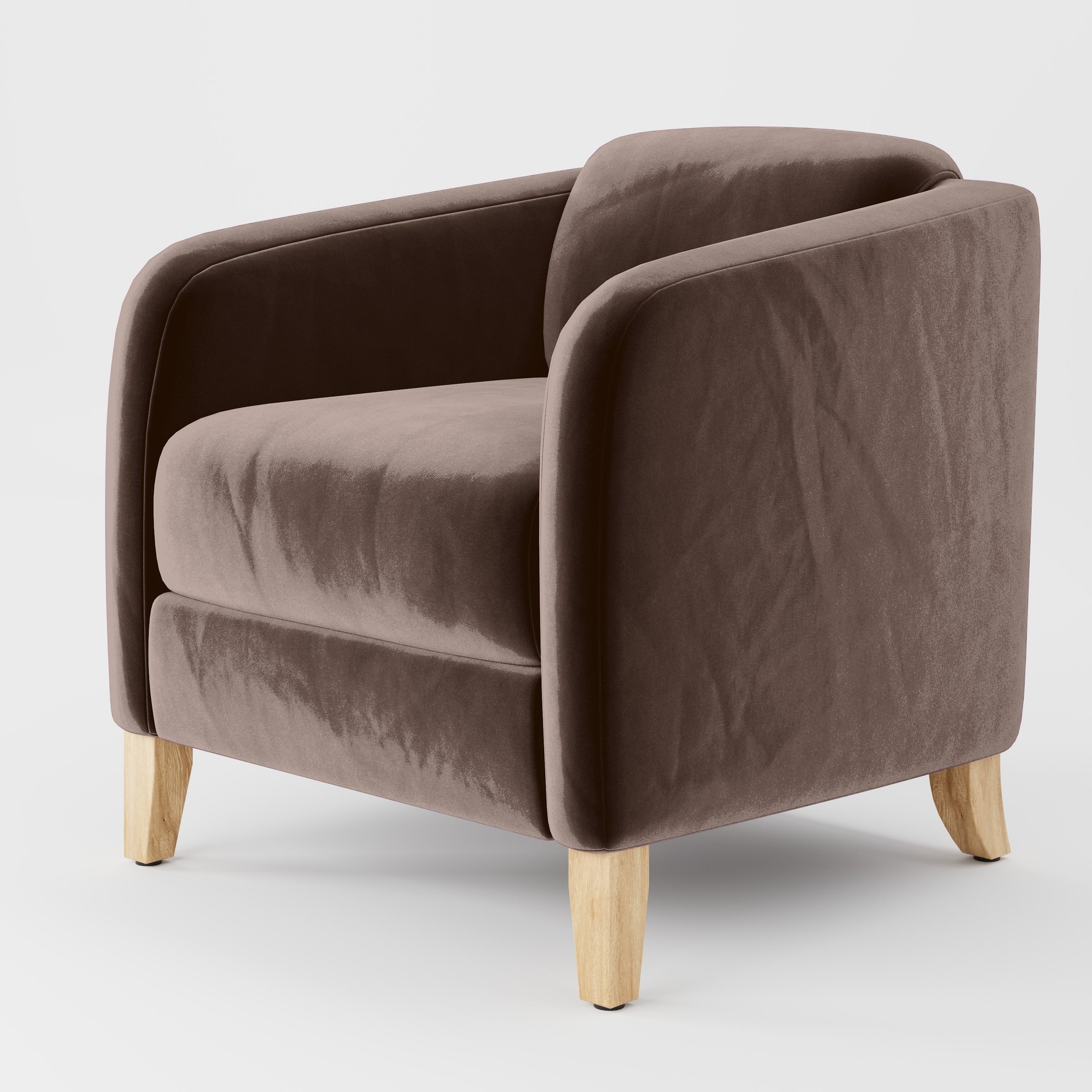 Diagonal view of the Erne armchair upholstered in Plush EasyClean Velvet in Mole.