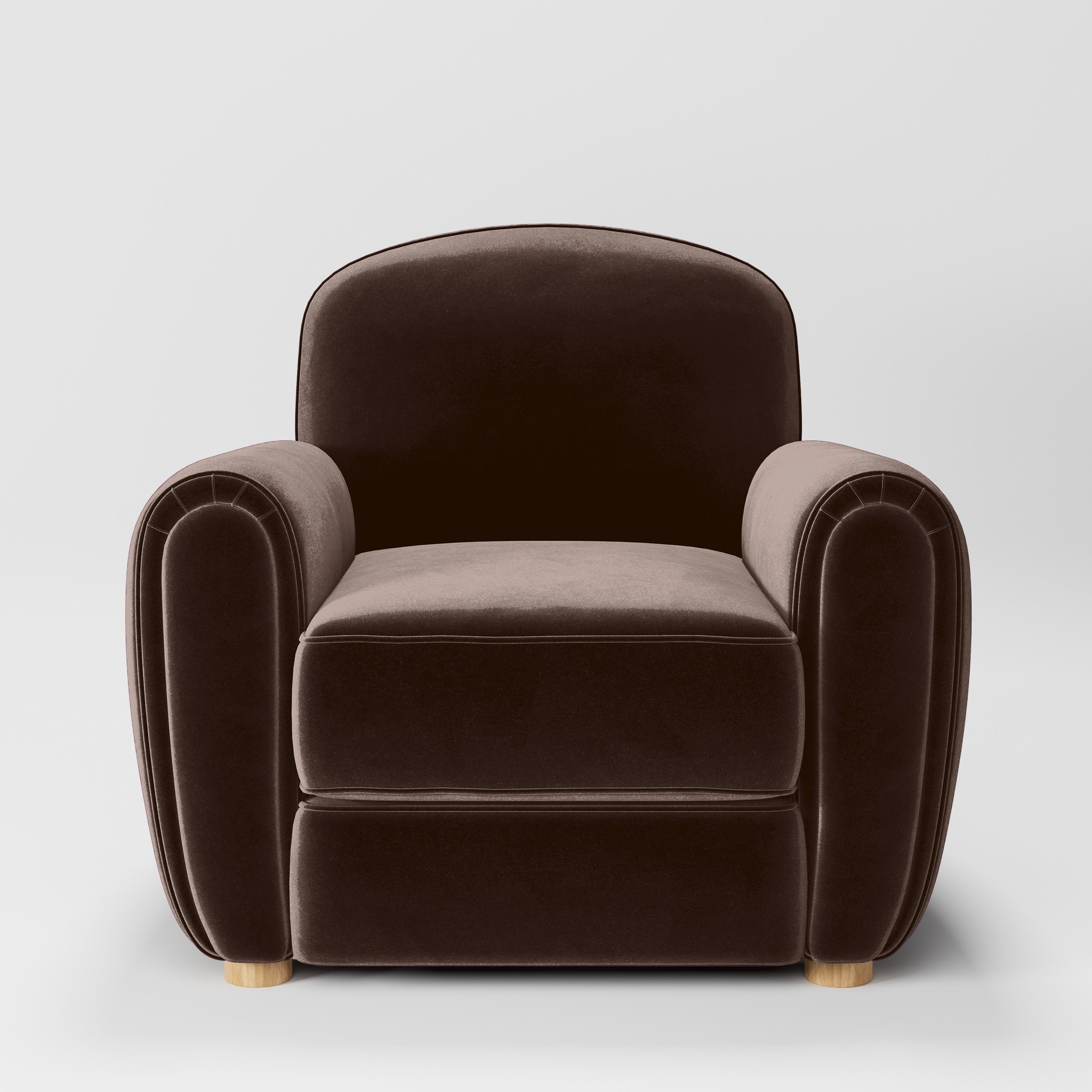 Front view of the Fergus armchair upholstered in Plush EasyClean Velvet in Mole.