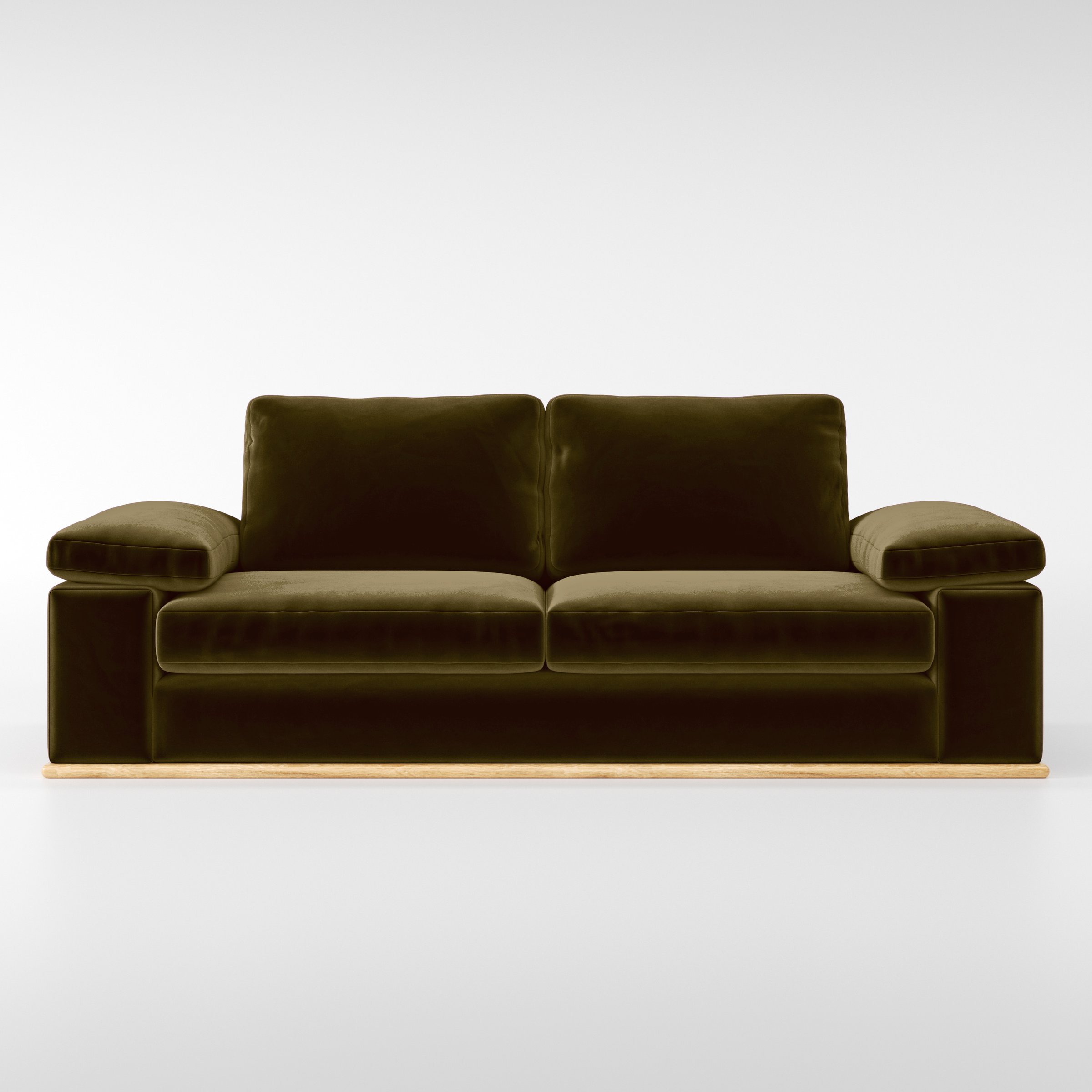 Front view of the Cusher sofa upholstered in Plush EasyClean Velvet in Cedar.
