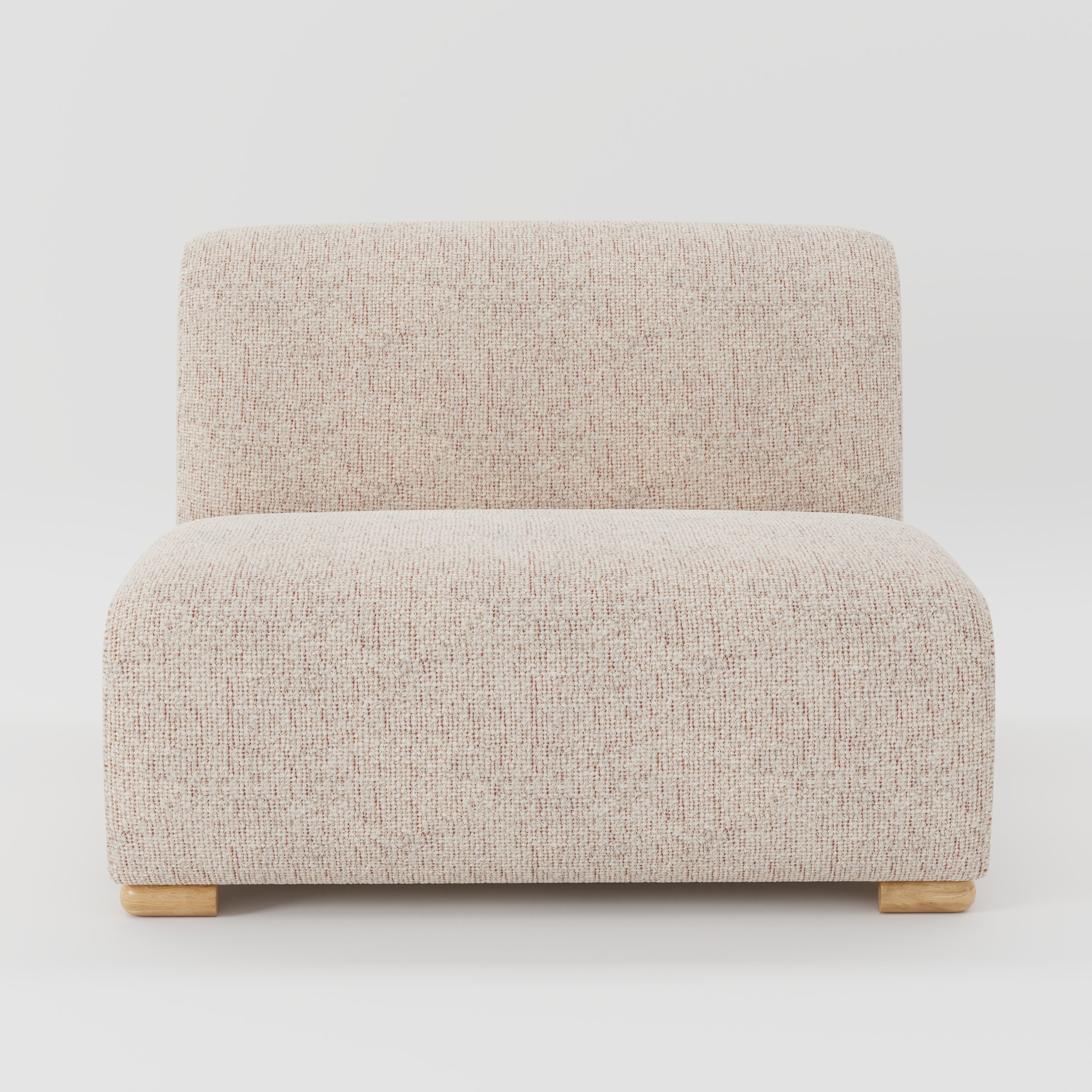 Tay single sofa unit in Orsay Bouclé Cream and Copper shown from the front with a low, armless design, deep seat and visible timber feet.