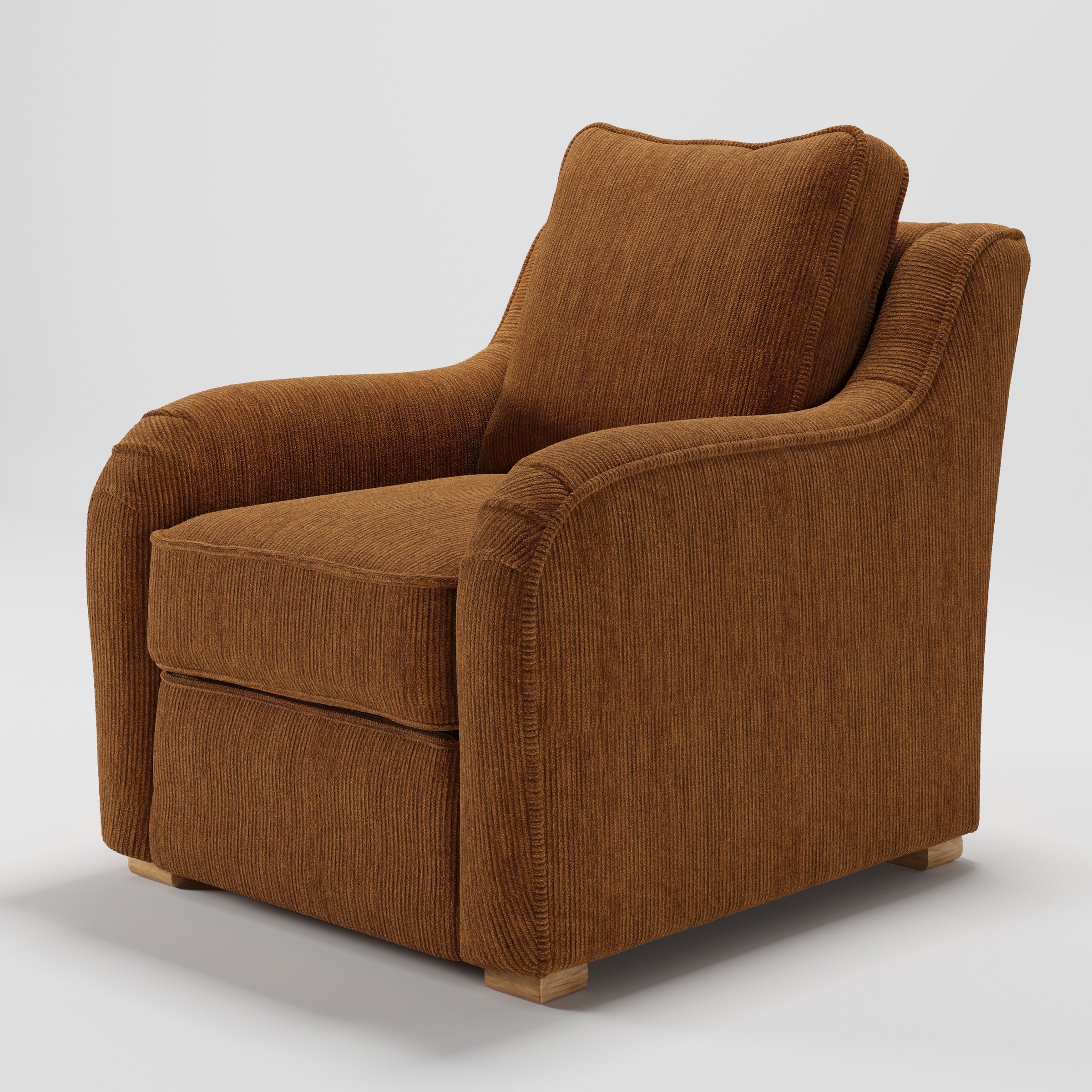Cashel armchair in Caldey Velvet Corduroy Tobacco shown at a diagonal angle highlighting curved arms and seat depth.