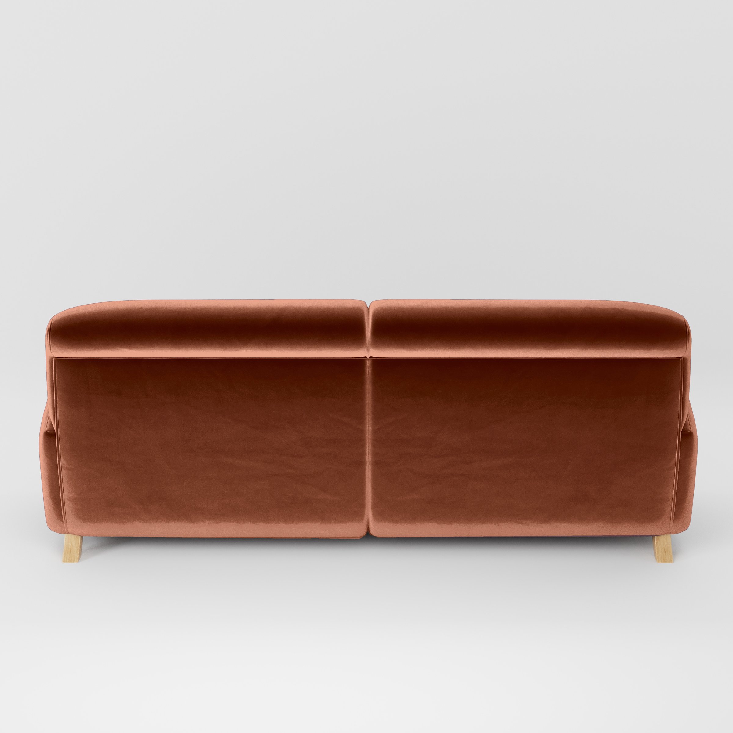 Rear view of the Rye sofa upholstered in Plush EasyClean Velvet in Apricot.