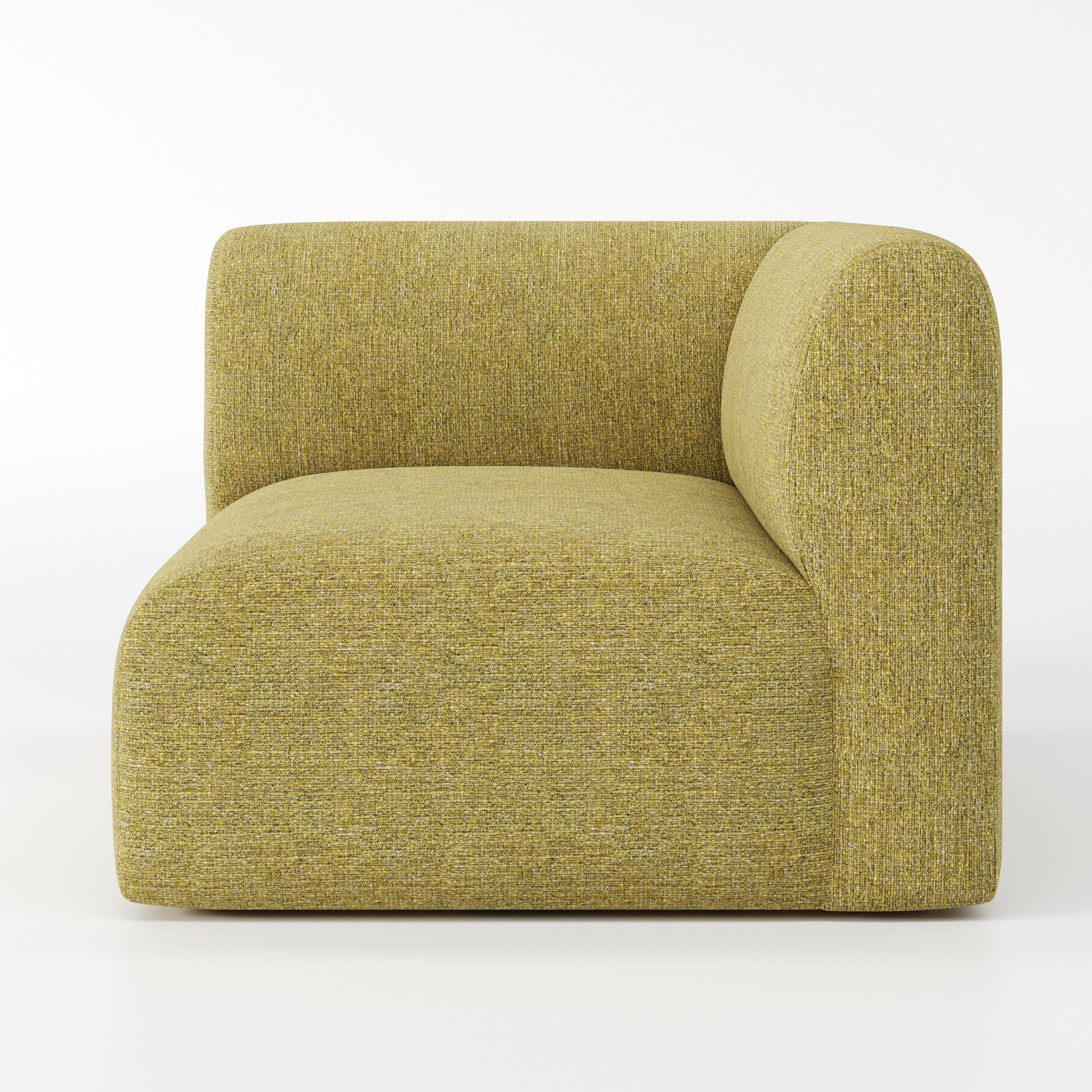 Drumquin modular sofa corner unit in Heyling Tweed Sencha shown from the right highlighting the wraparound back and soft, sculpted form.