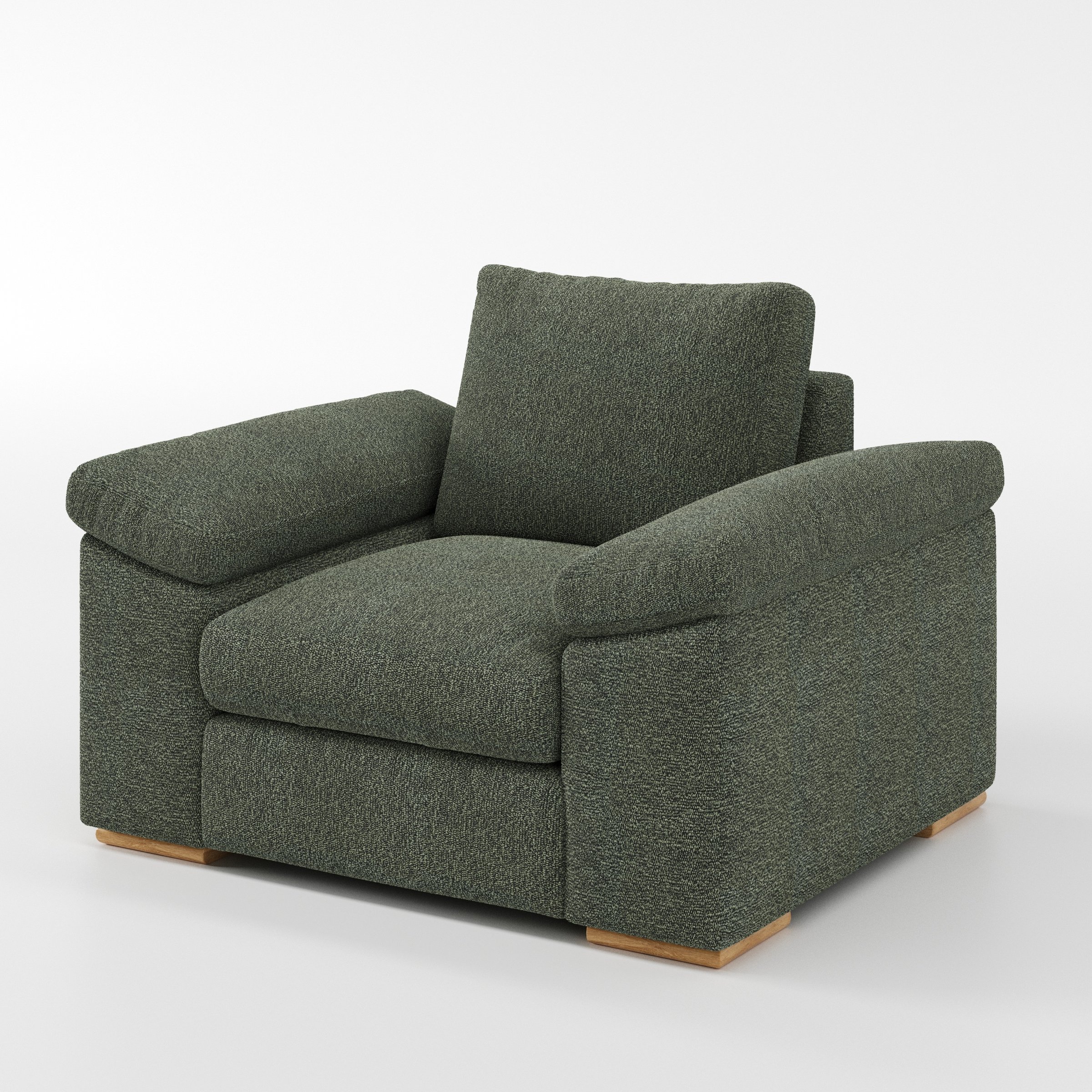 Moy armchair in Kilda Boucle Moss shown at a diagonal angle highlighting arms and seat depth.