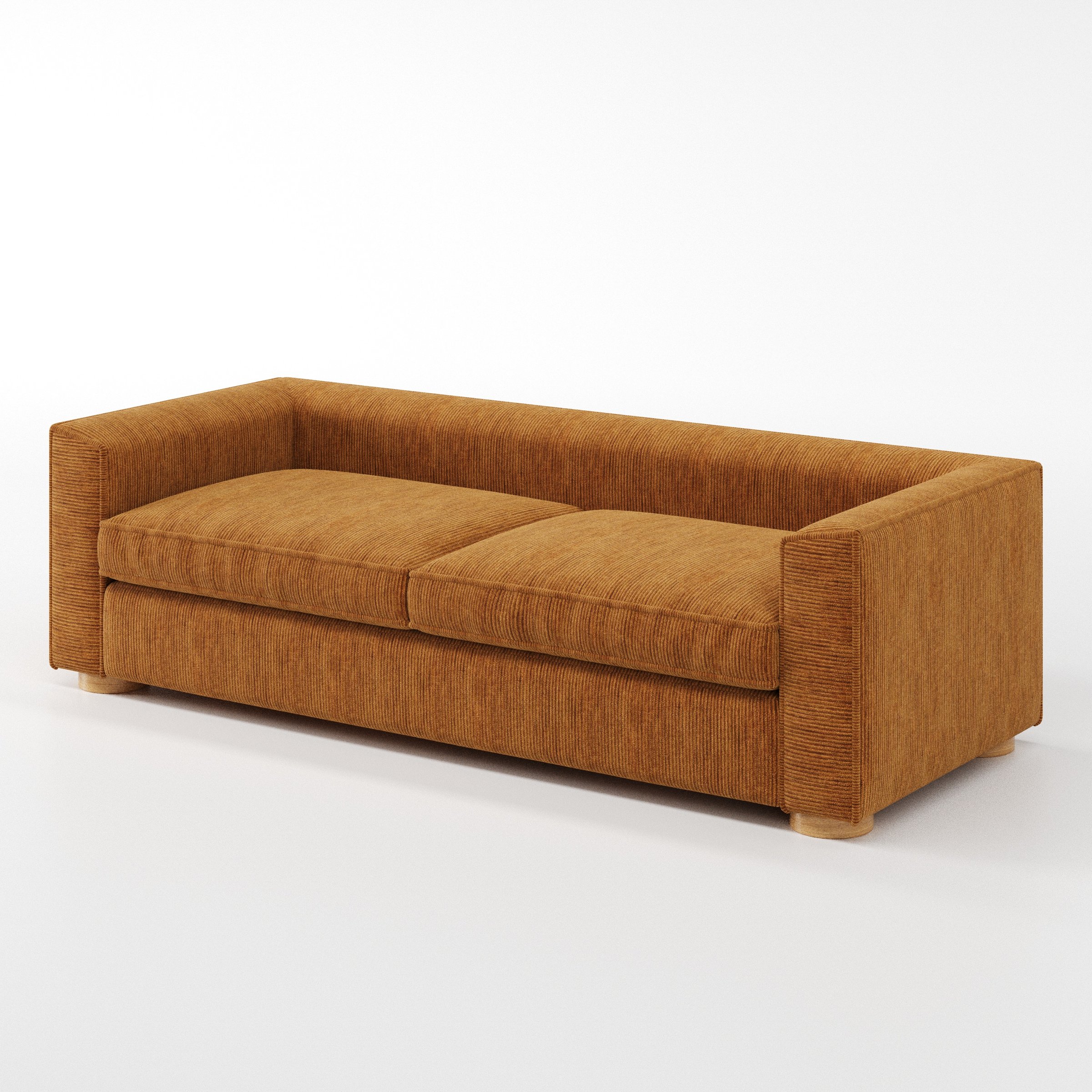 Feale sofa in Caldey Velvet Corduroy Tobacco shown at a diagonal angle highlighting arm profile and seat depth.