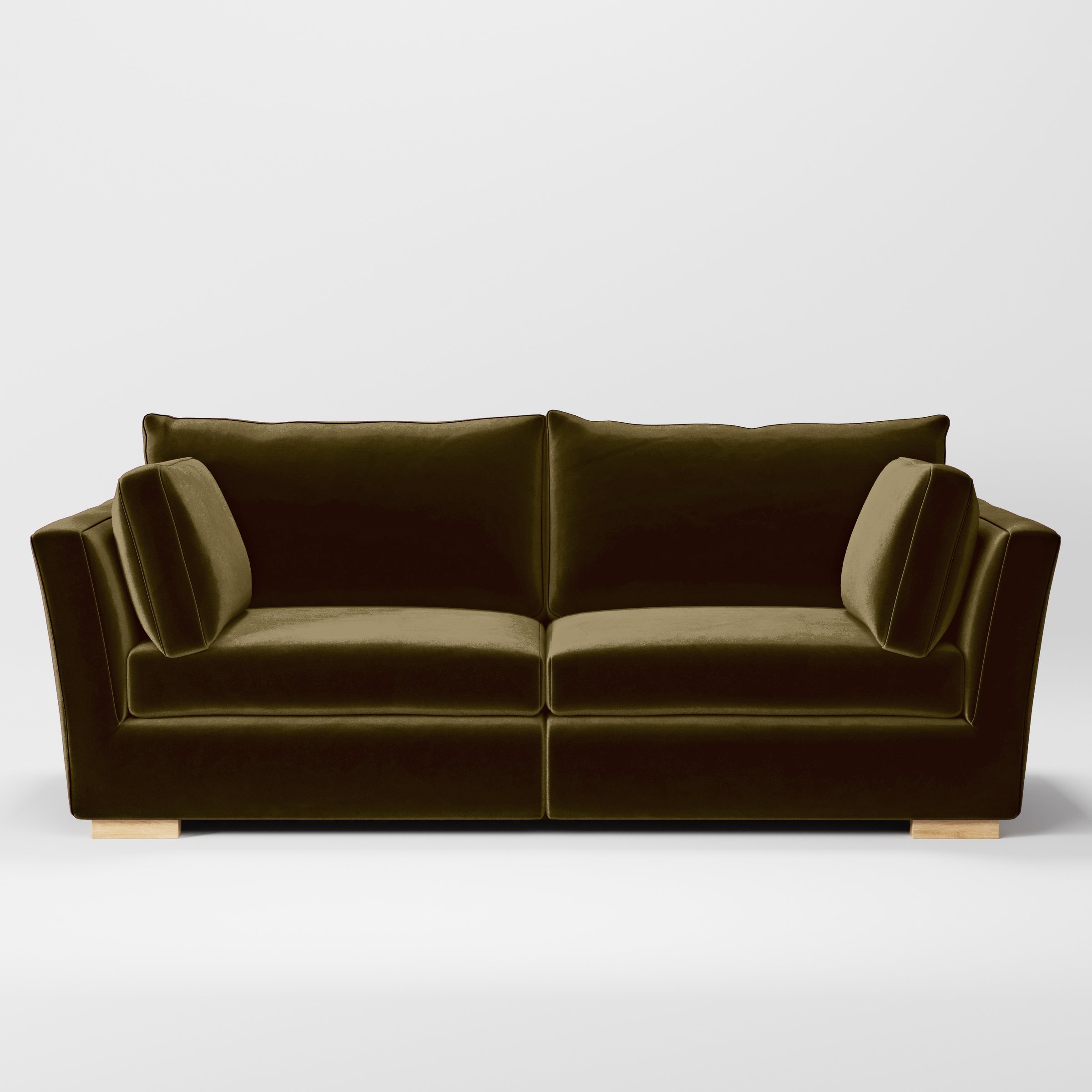 Front view of the Stowe sofa upholstered in Plush EasyClean Velvet in Cedar.