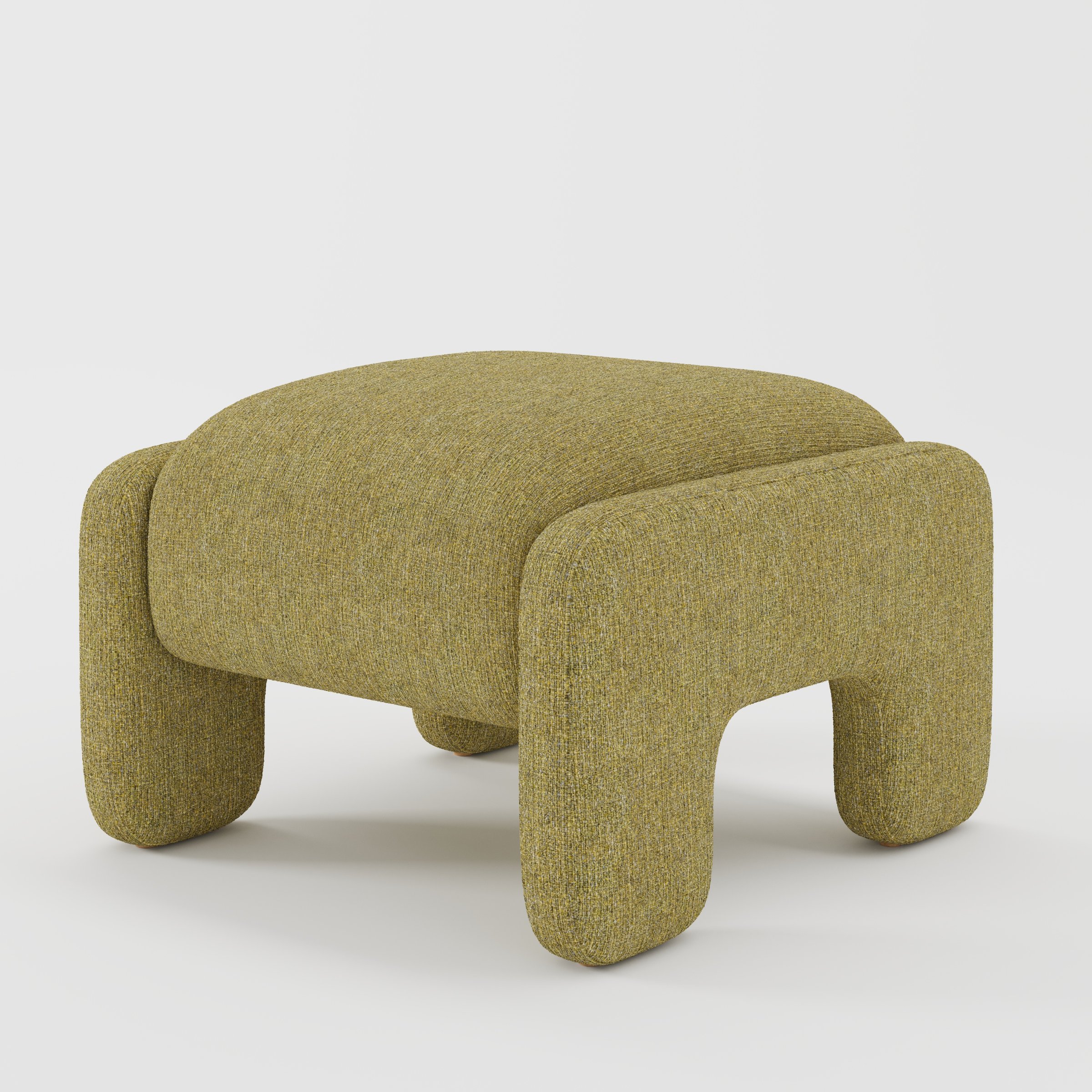 Inny footstool in Heyling tweed sencha fabric, diagonal view highlighting structured silhouette and detailed weave