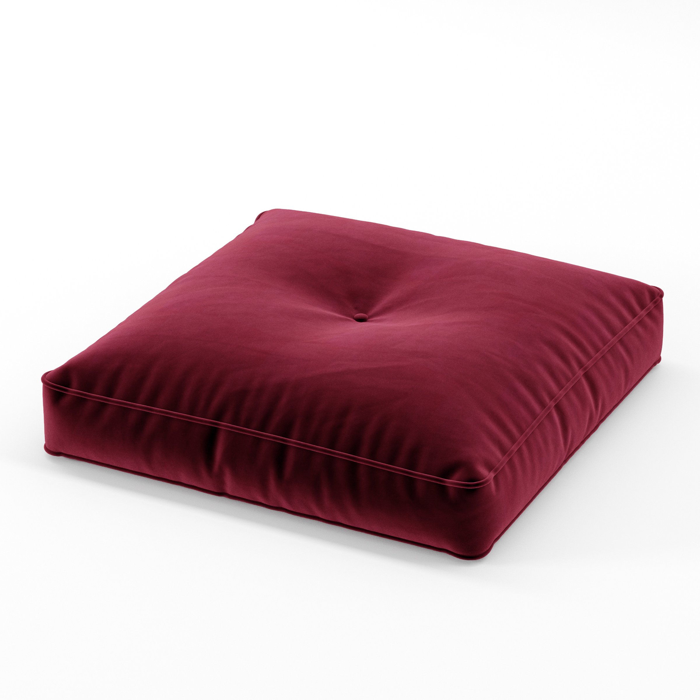 Base cushion in Noss Velvet Plum, square tufted cushion with border and piping in deep plum velvet with soft central tuft, size 60cm x 60cm x 8.75cm