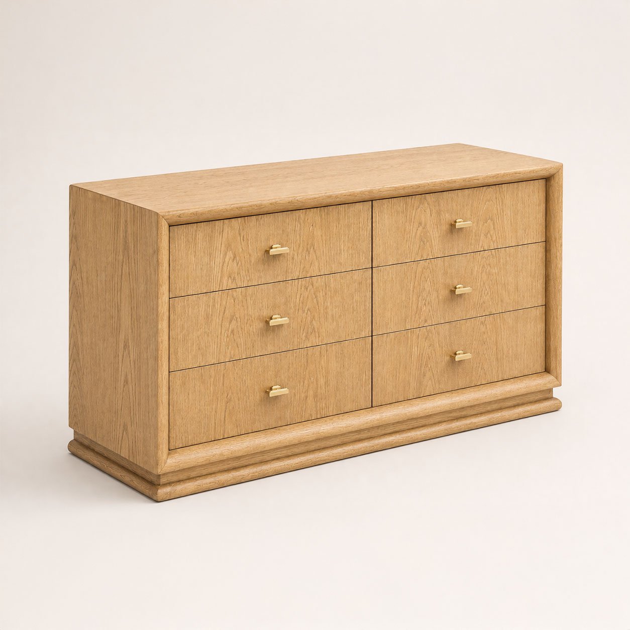 Chest of Drawers 02 in natural oak shown from an angled view with six drawers and brass handles