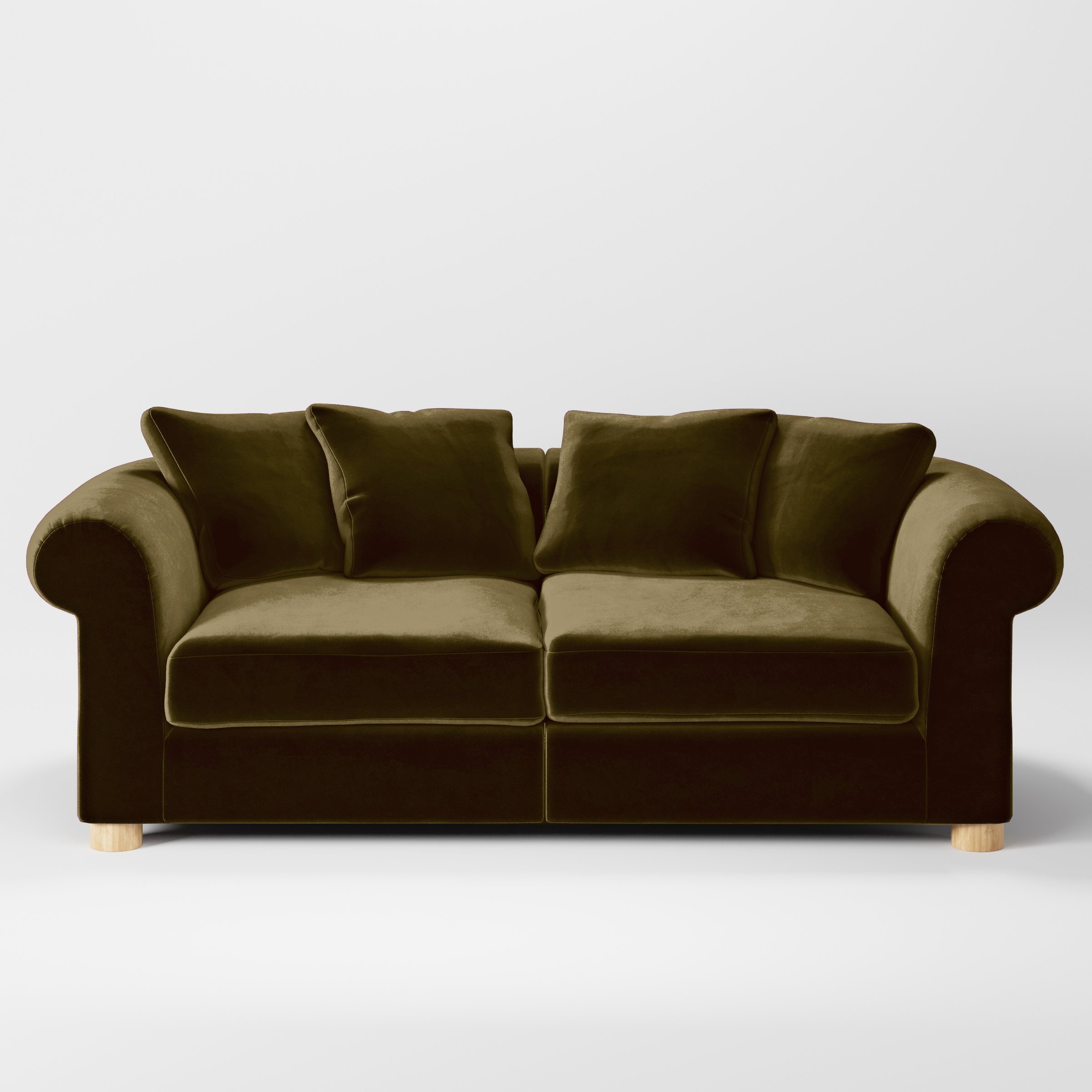Front view of the Windermere sofa upholstered in Plush EasyClean Velvet in Cedar.